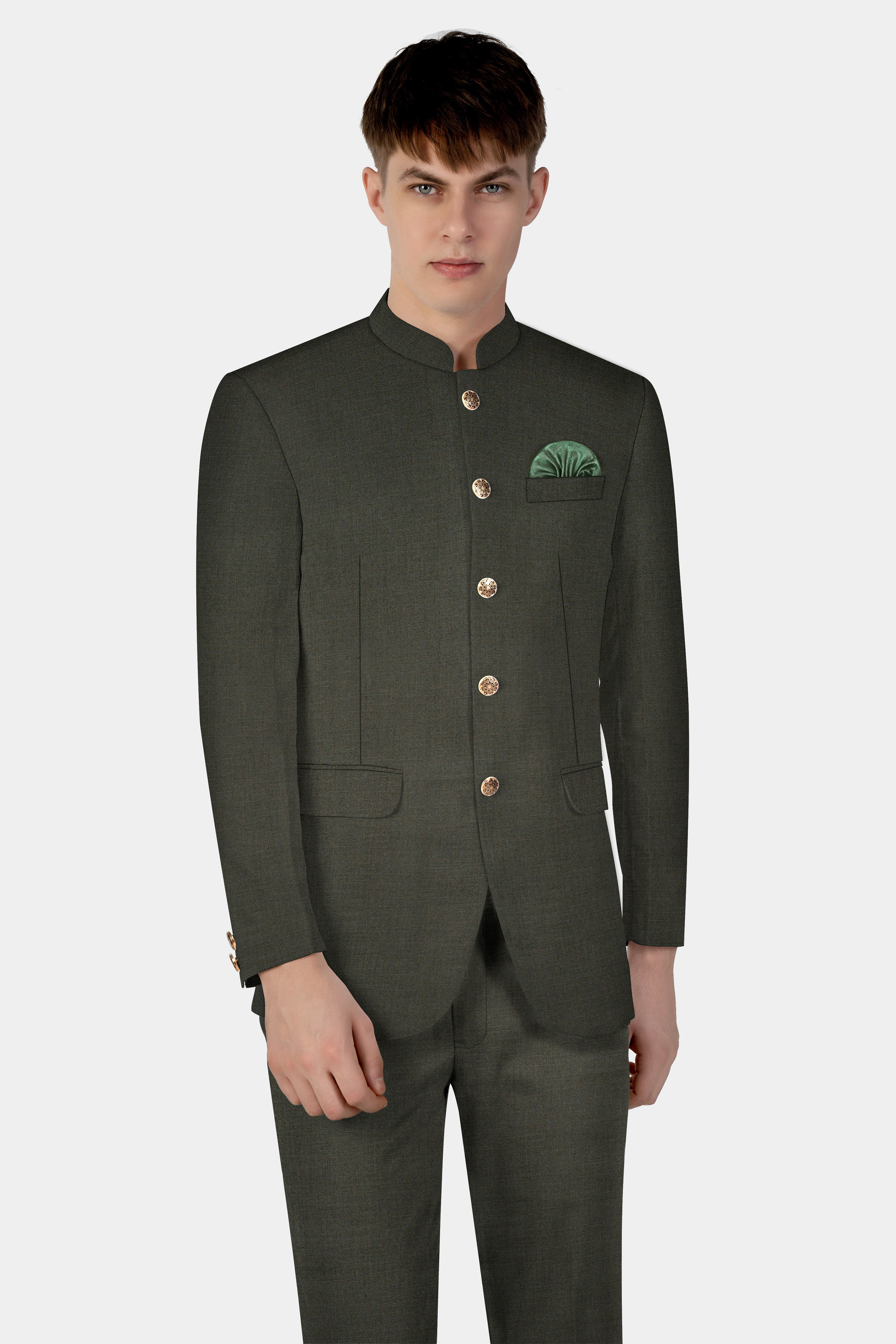 Rangoon Green Wool Blend Bandhgala Blazer