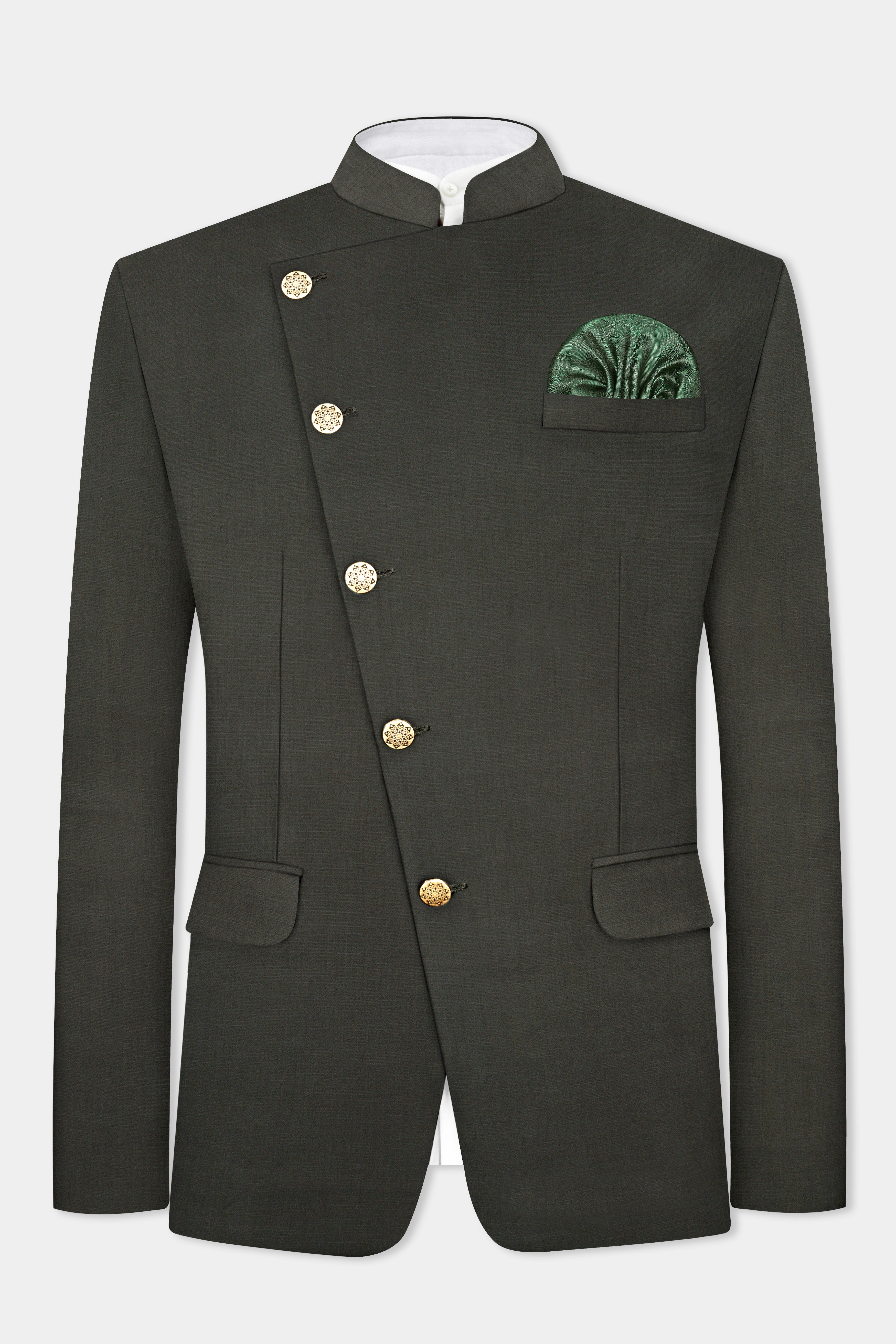 Rangoon Green Wool Blend Cross Placket Bandhgala Blazer