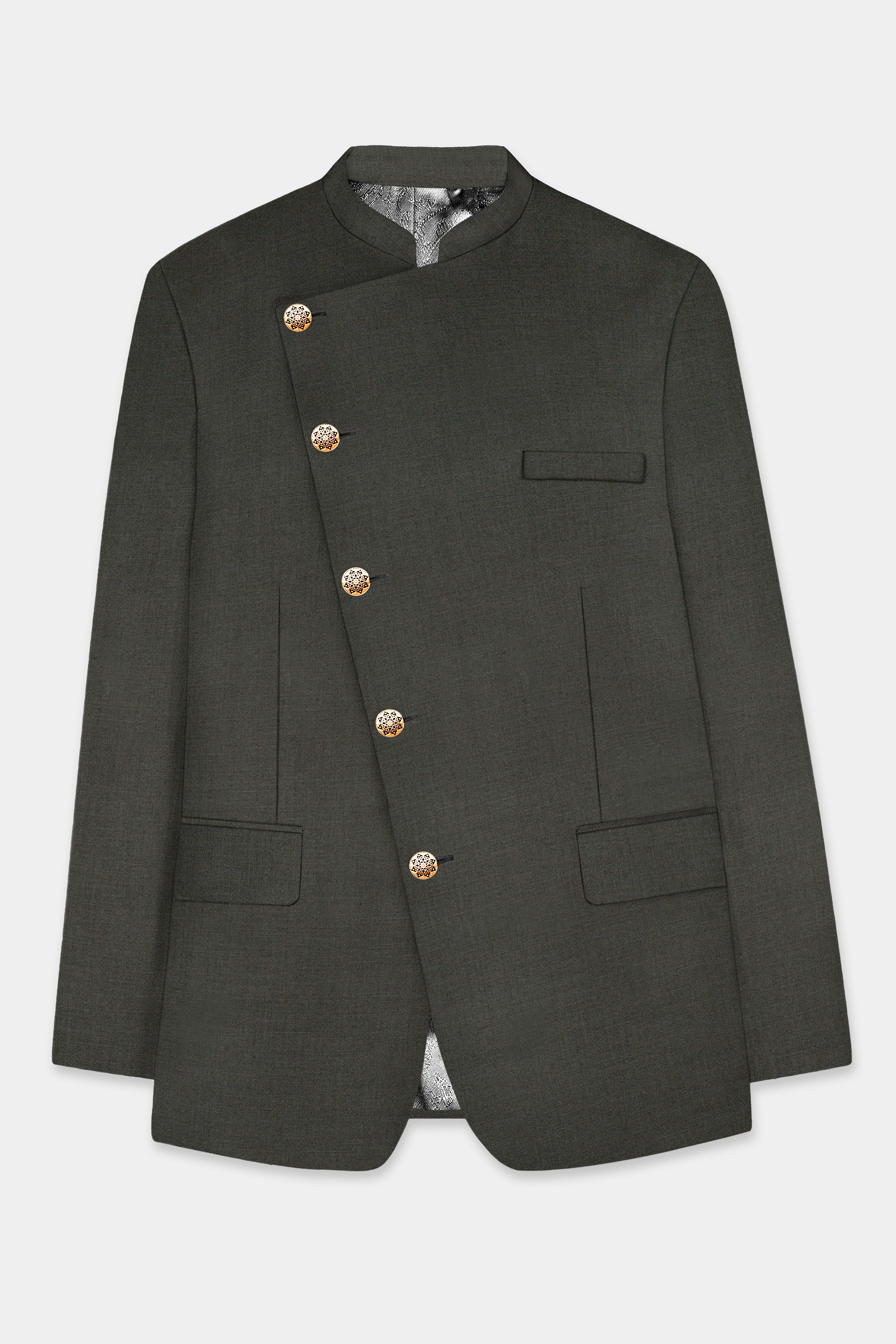 Rangoon Green Wool Blend Cross Placket Bandhgala Blazer