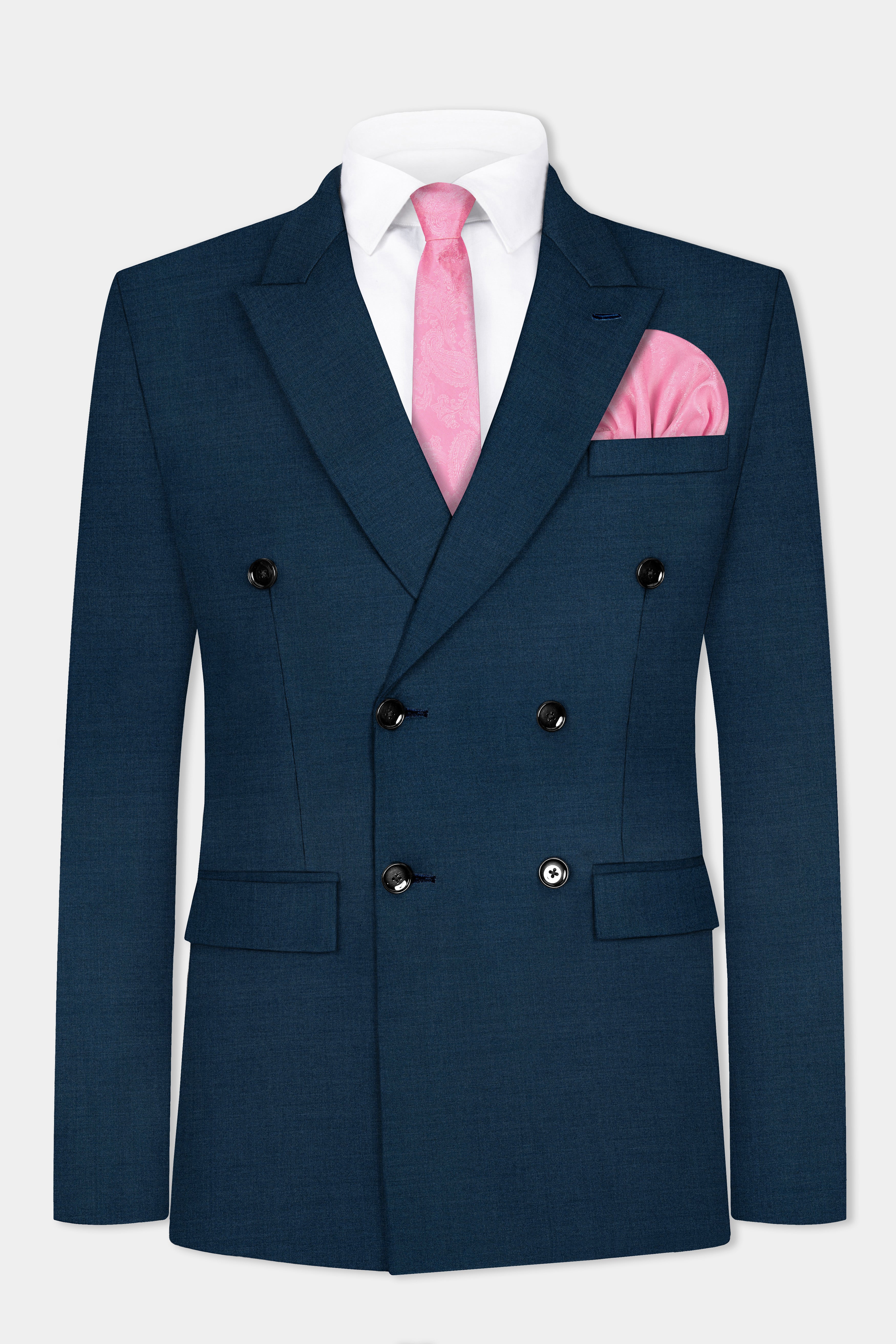 Daintree Blue Solid Wool Blend Double Breasted Blazer