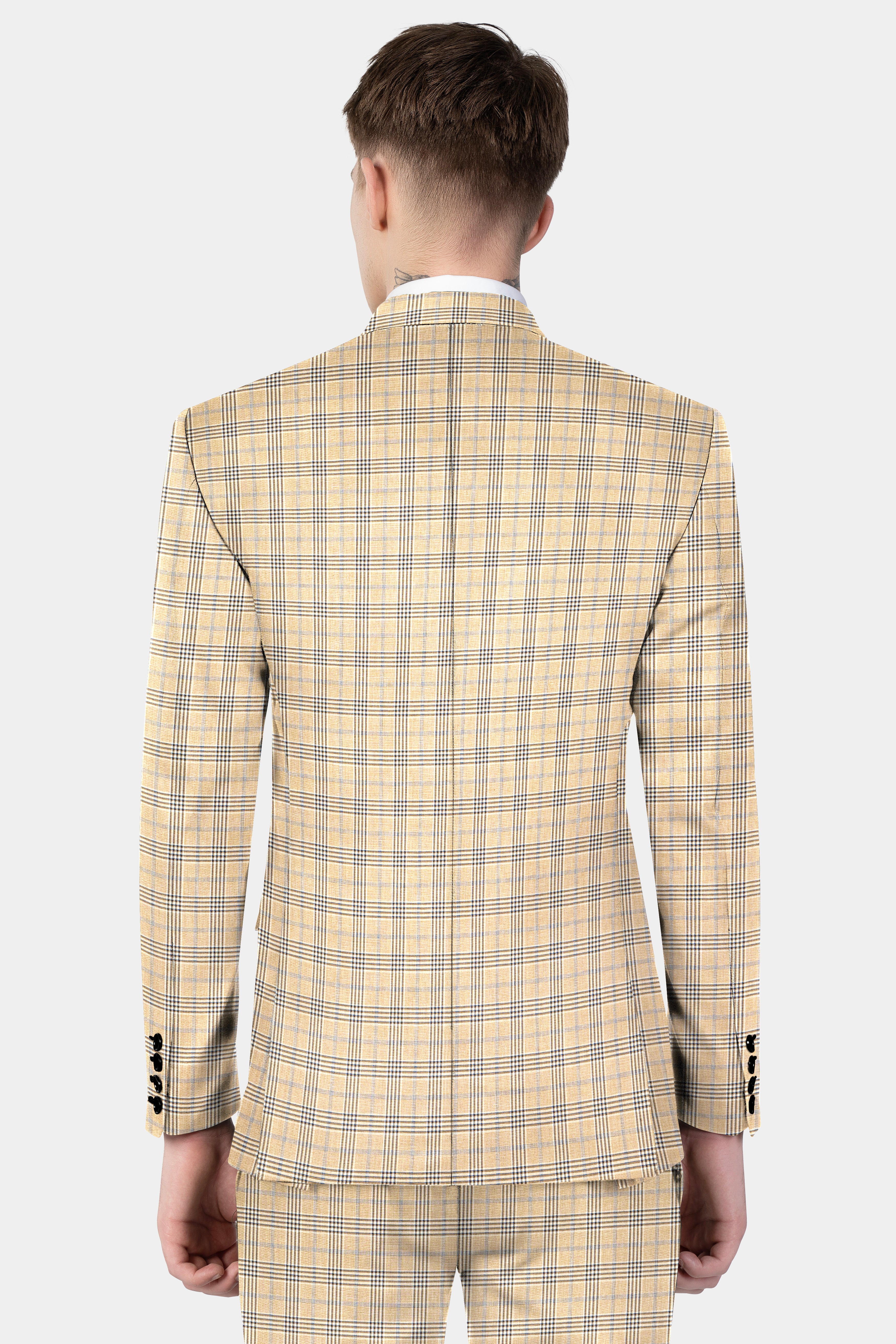 Cameo Cream Plaid Super Fine Wool Blend Double Breasted Blazer