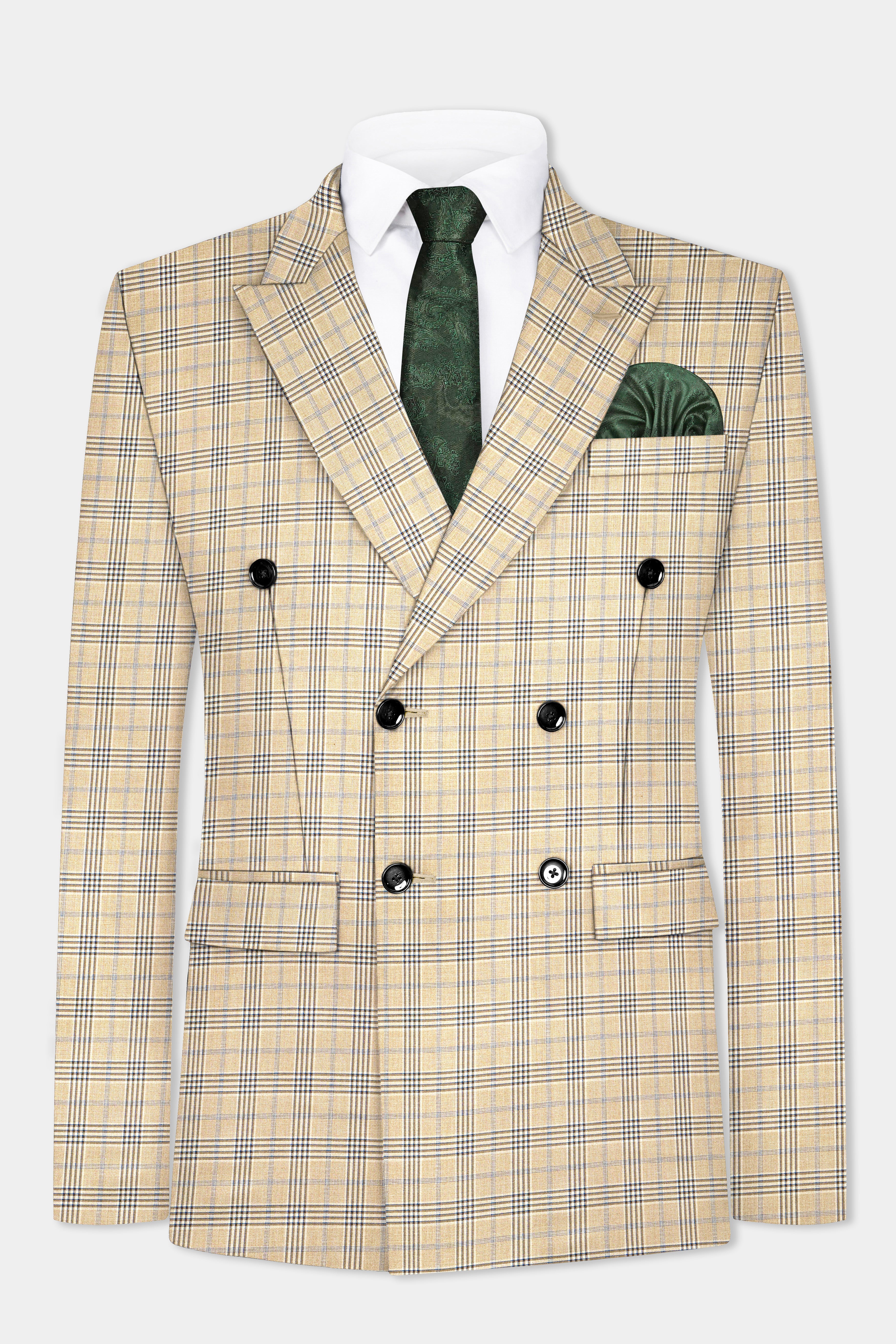 Cameo Cream Plaid Super Fine Wool Blend Double Breasted Blazer