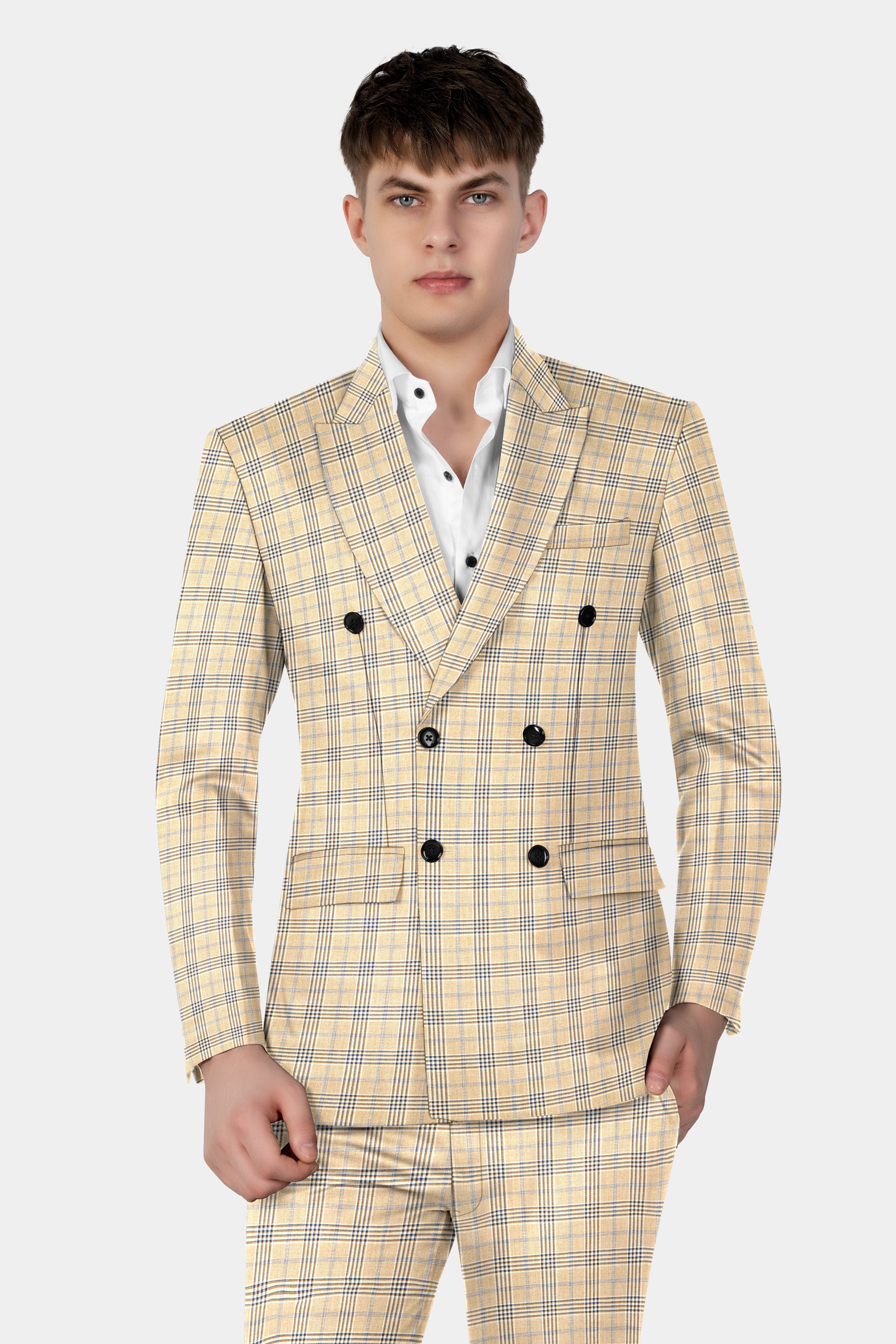 Cameo Cream Plaid Super Fine Wool Blend Double Breasted Blazer