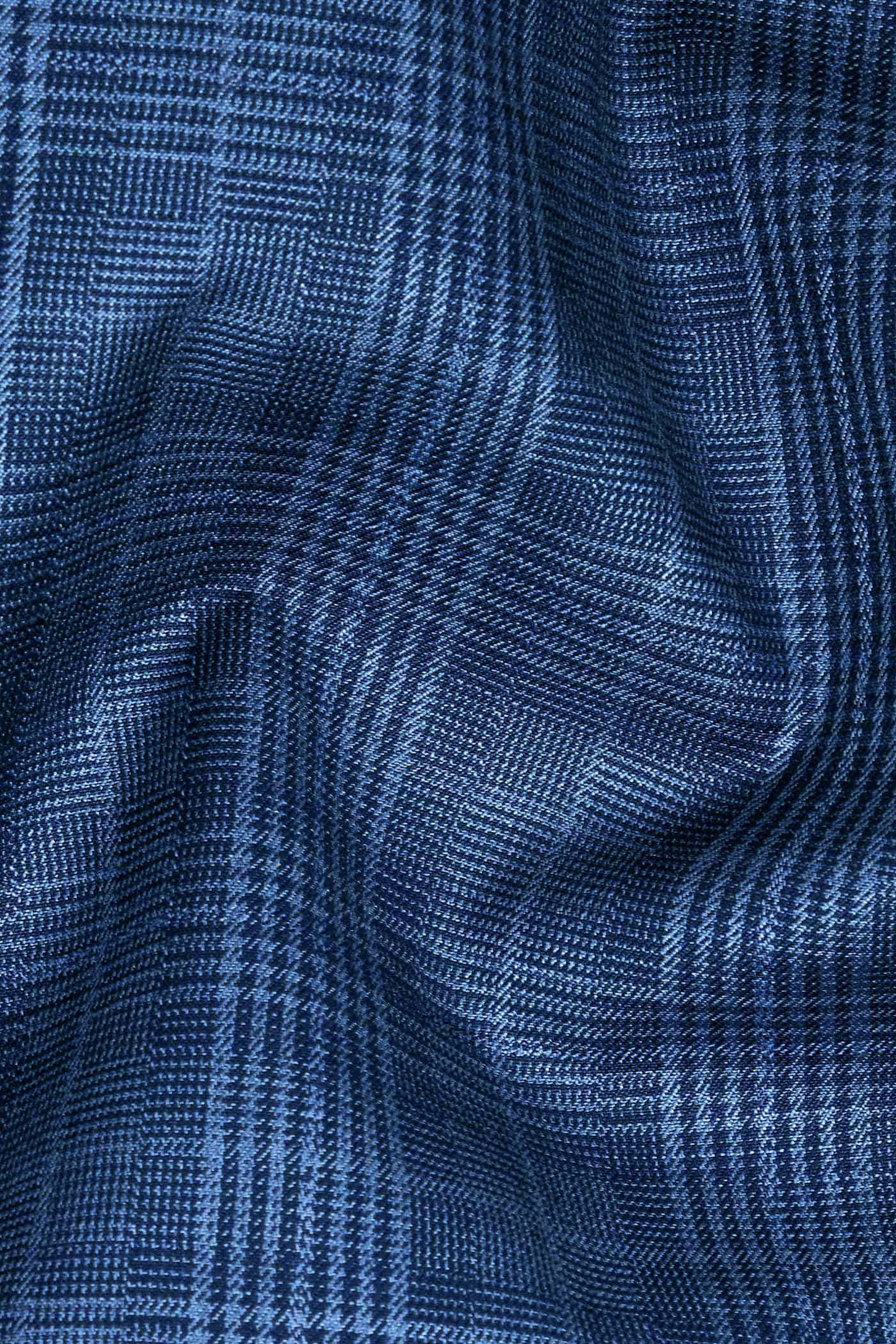 Mid Blue Plaid Wool Rich Bandhgala Blazer