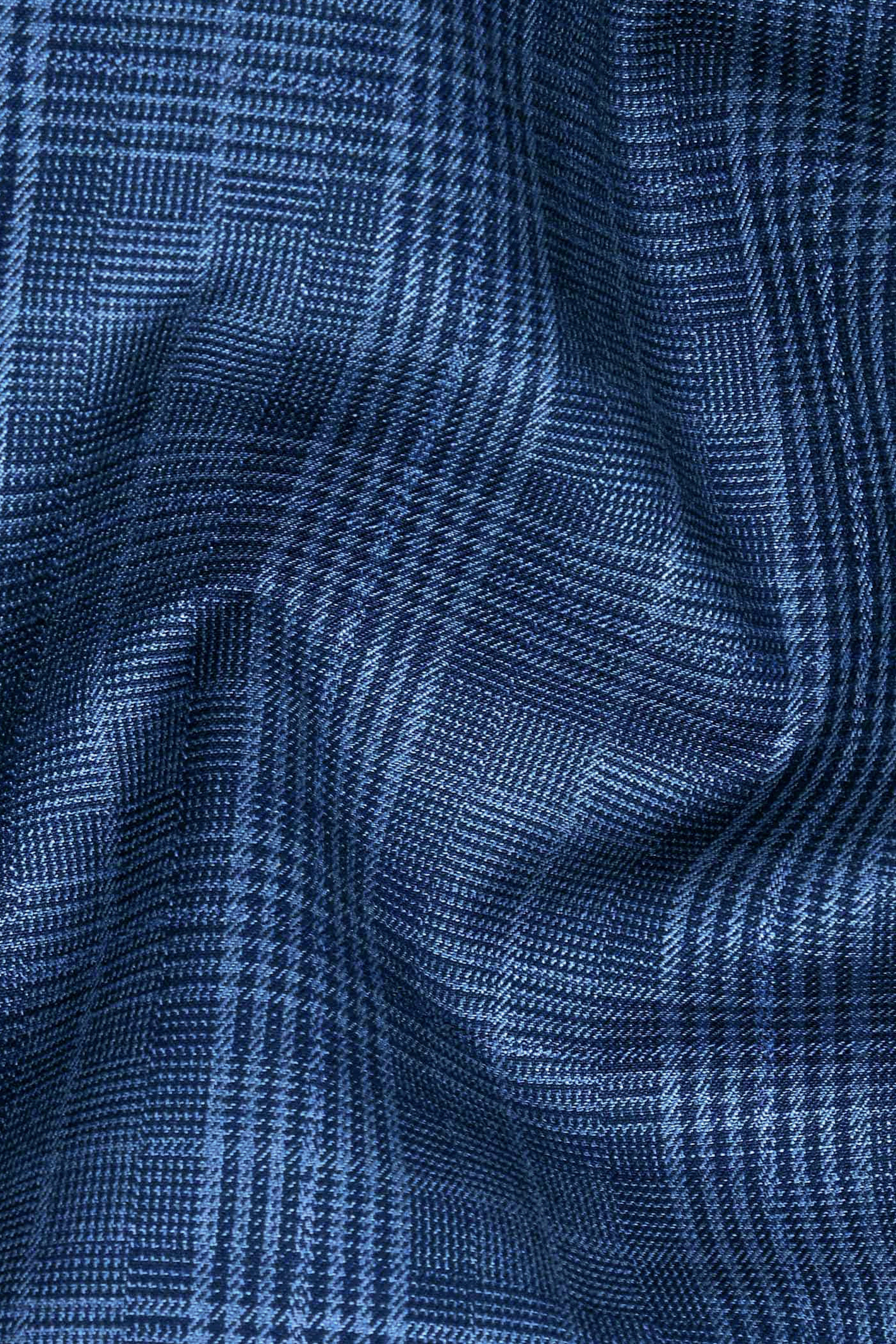 Mid Blue Plaid Wool Rich Cross Placket Bandhgala Blazer