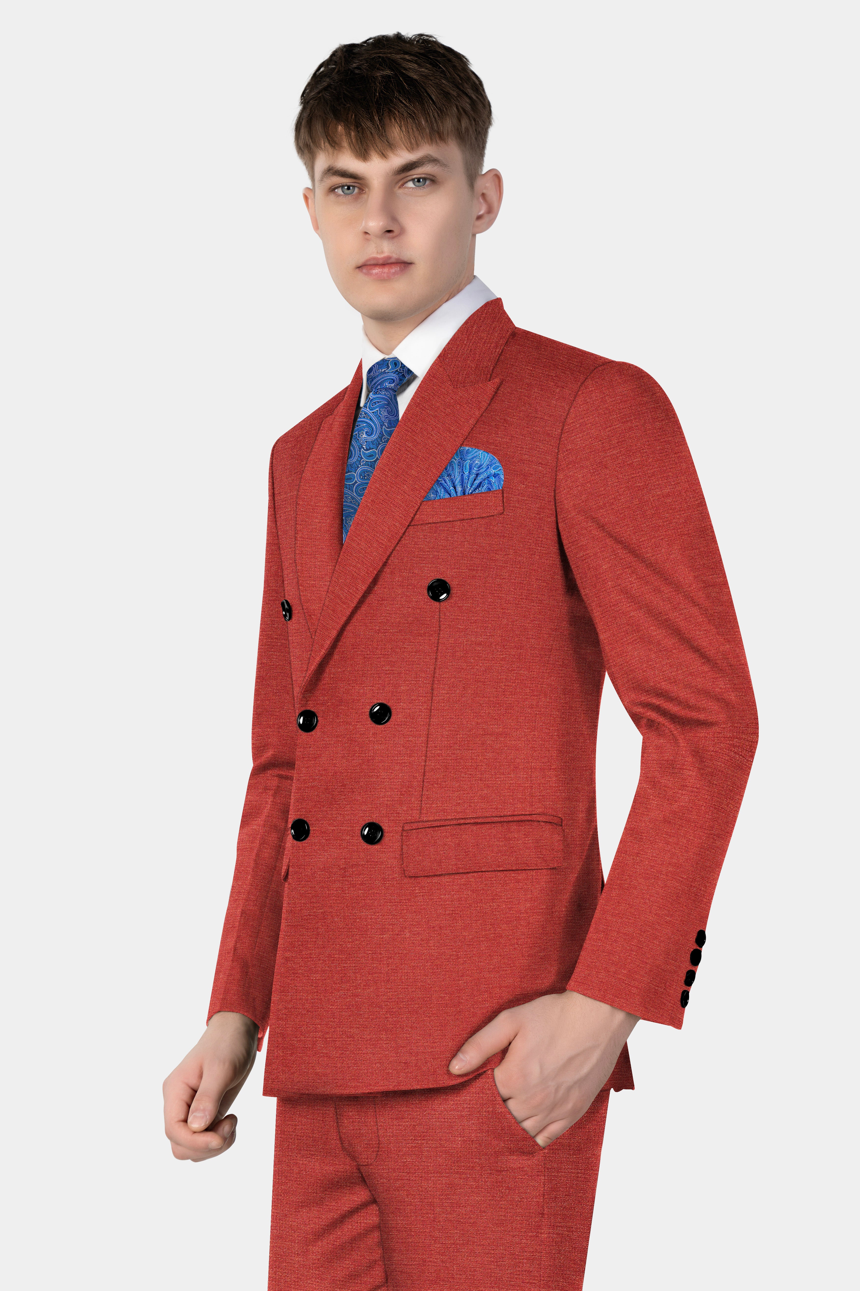 Brick Red Textured Double Breasted Blazer