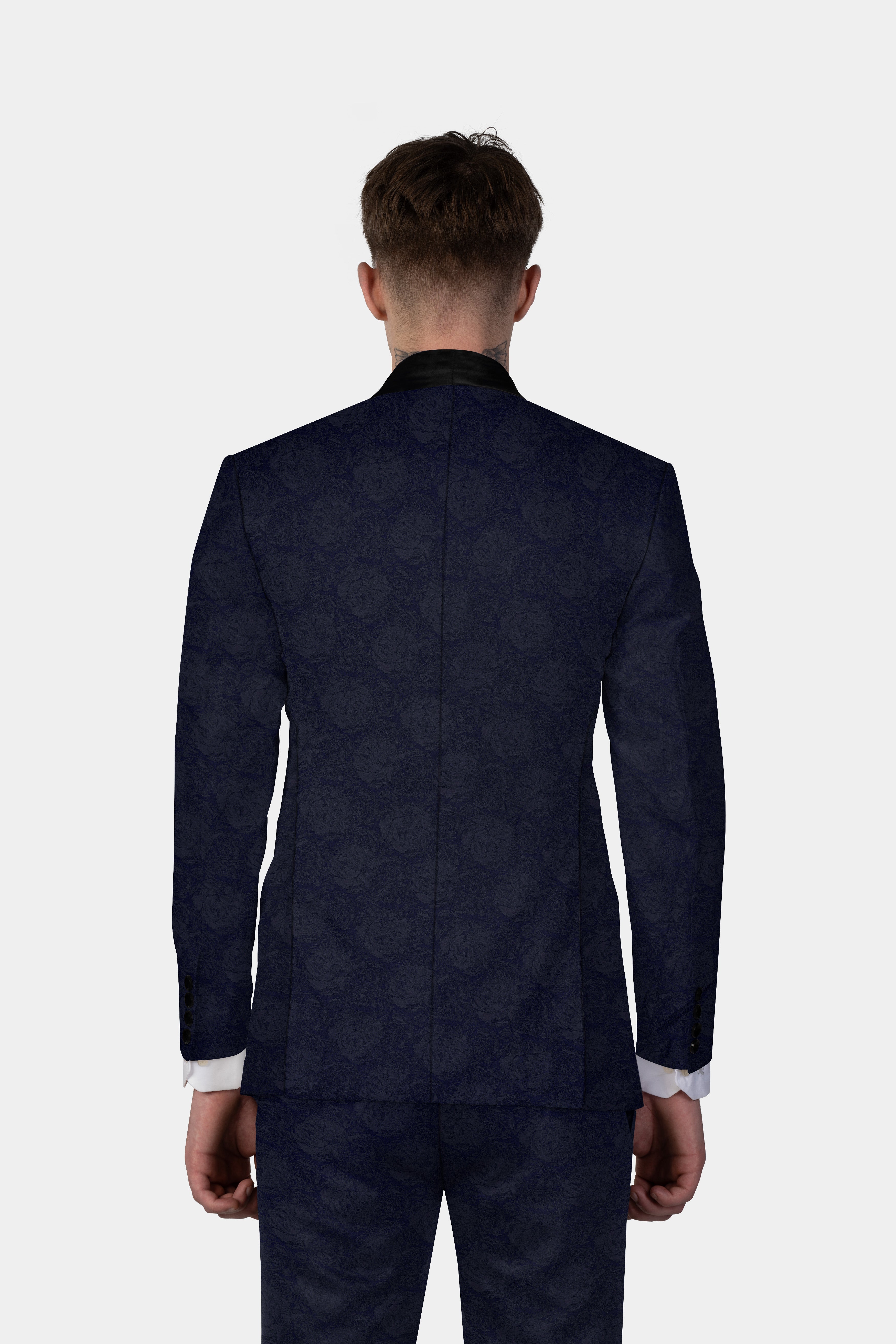 Firefly Blue and Black Jacquard Textured Tuxedo Blazer