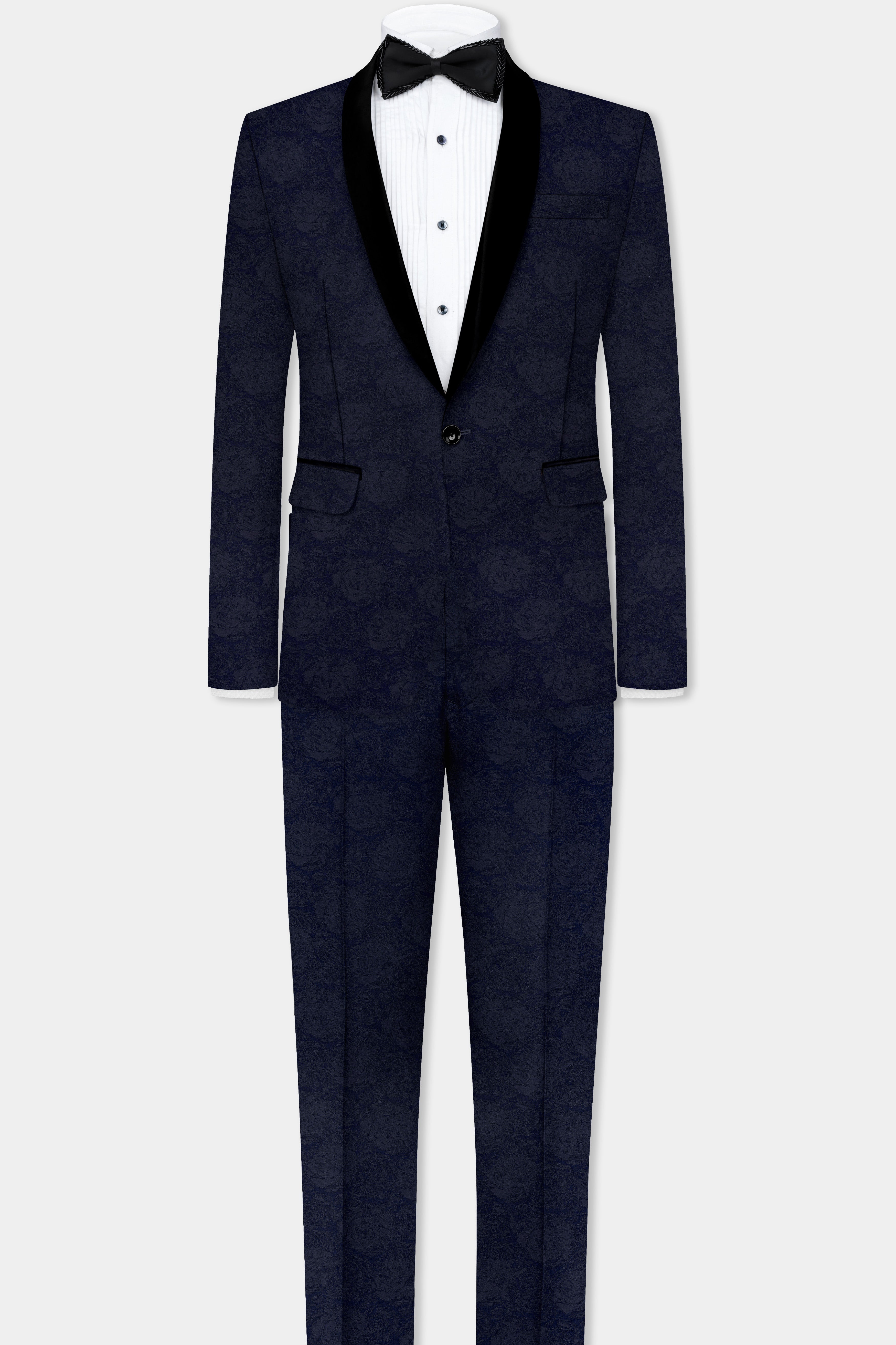 Firefly Blue and Black Jacquard Textured Tuxedo Blazer