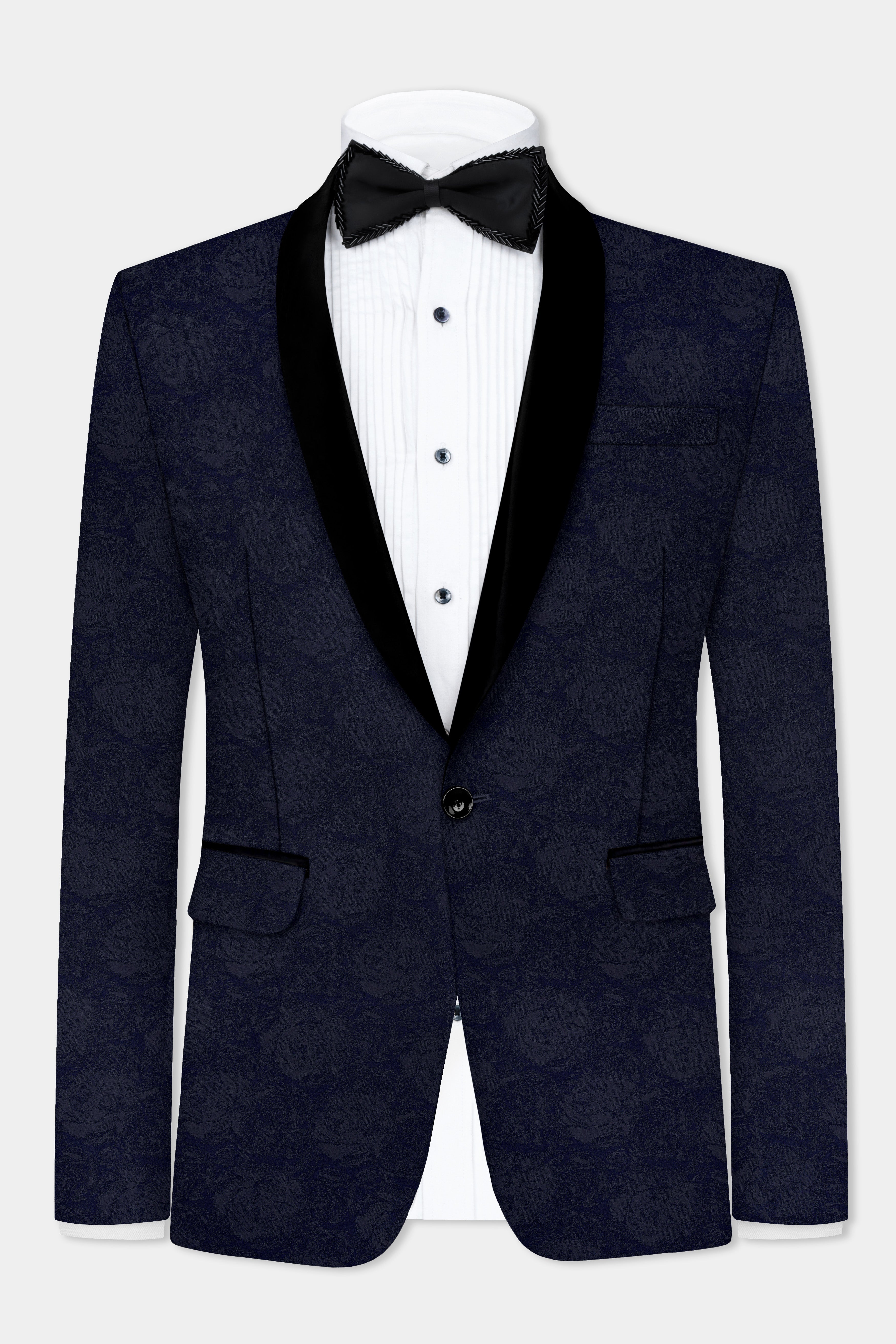 Firefly Blue and Black Jacquard Textured Tuxedo Blazer