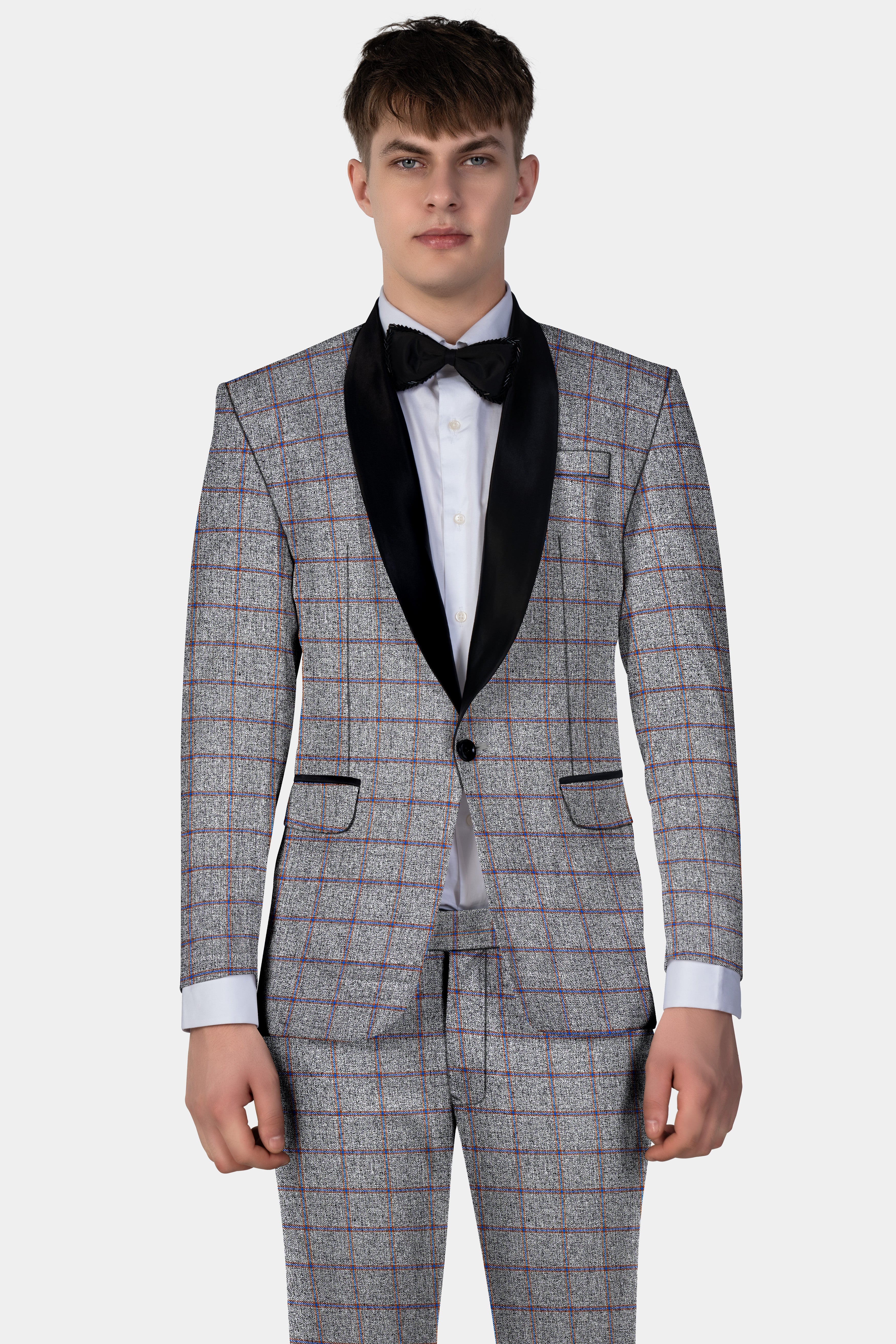 Smokey Gray Windowpane Wool Blend Tuxedo Blazer