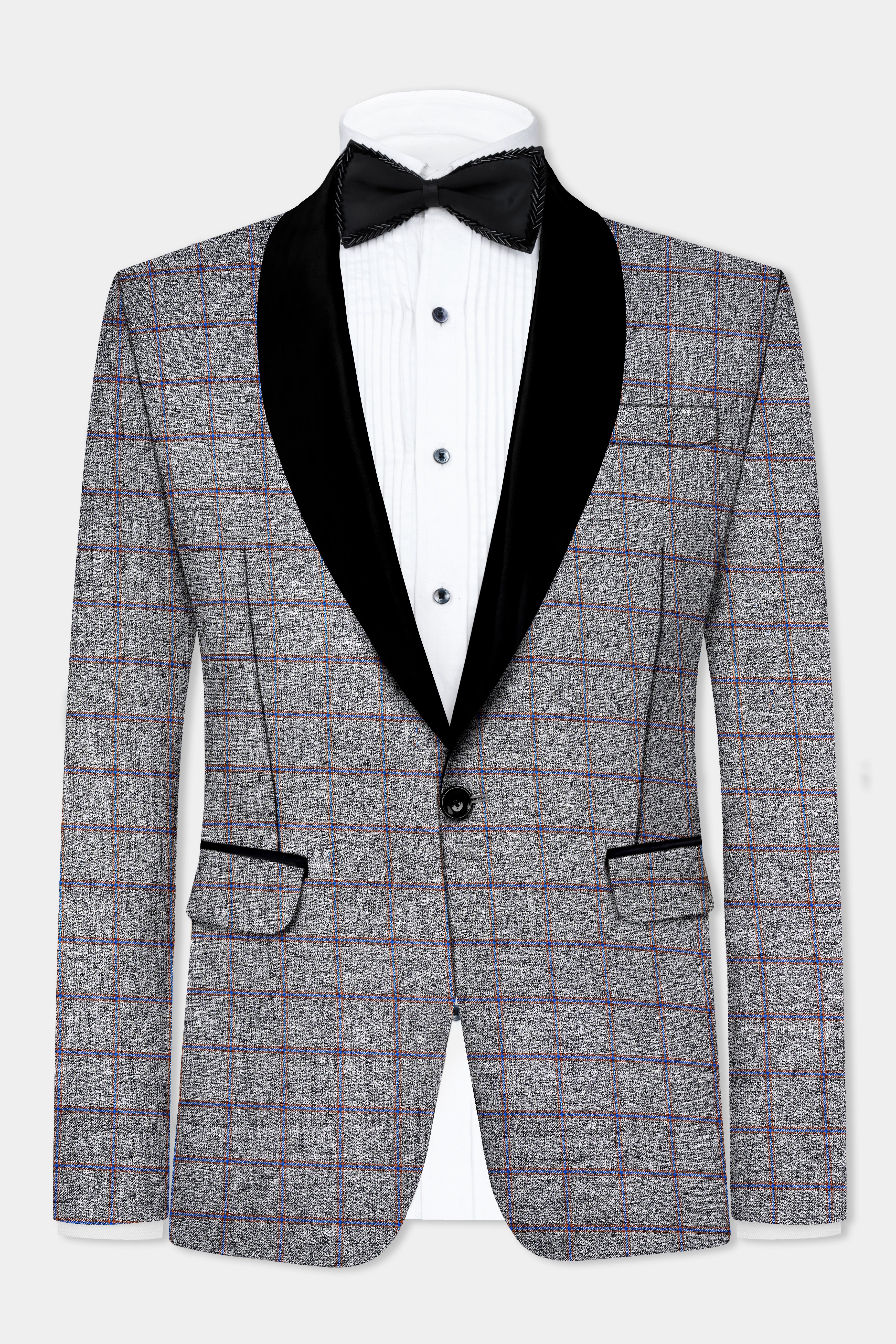 Smokey Gray Windowpane Wool Blend Tuxedo Blazer