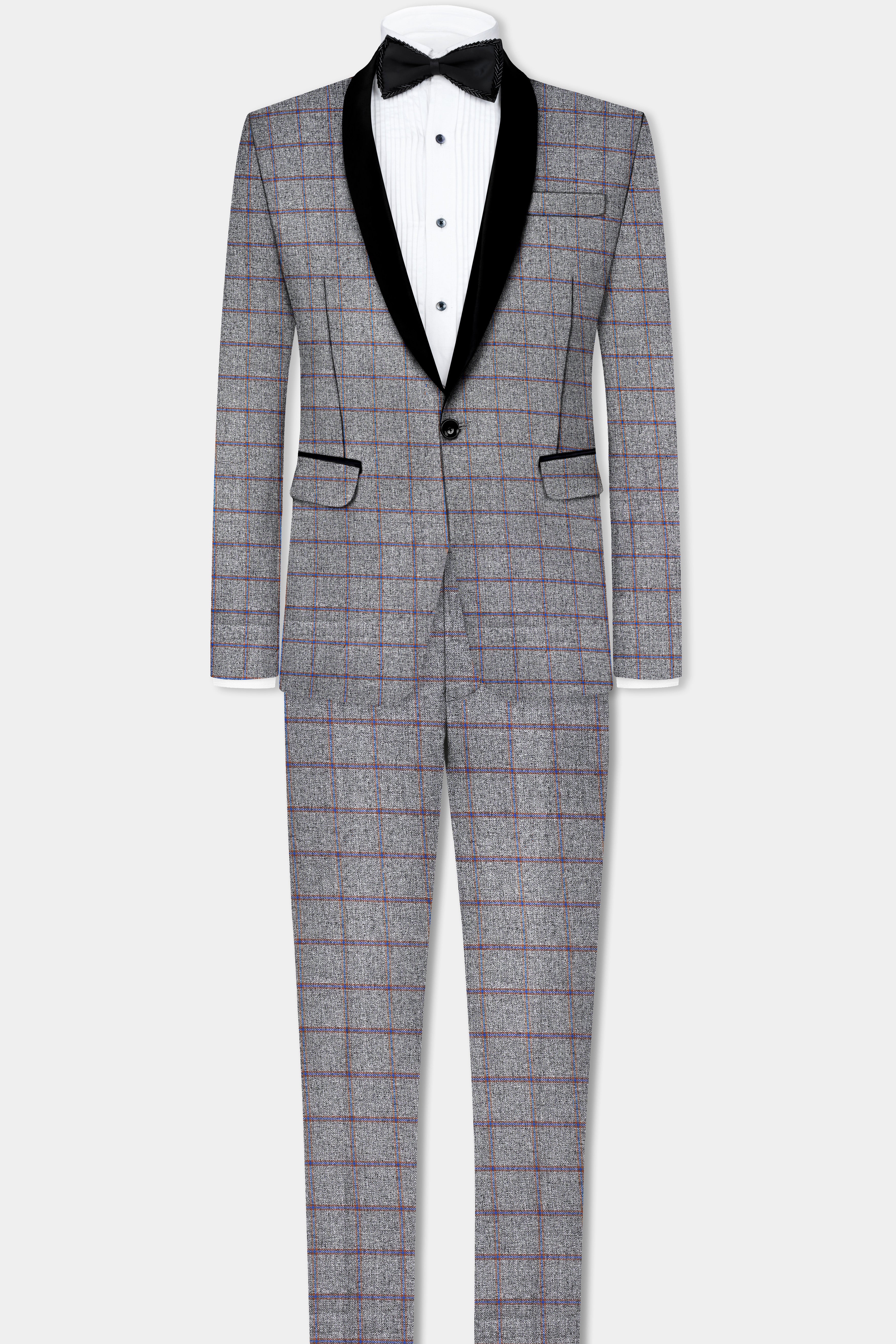 Smokey Gray Windowpane Wool Blend Tuxedo Blazer