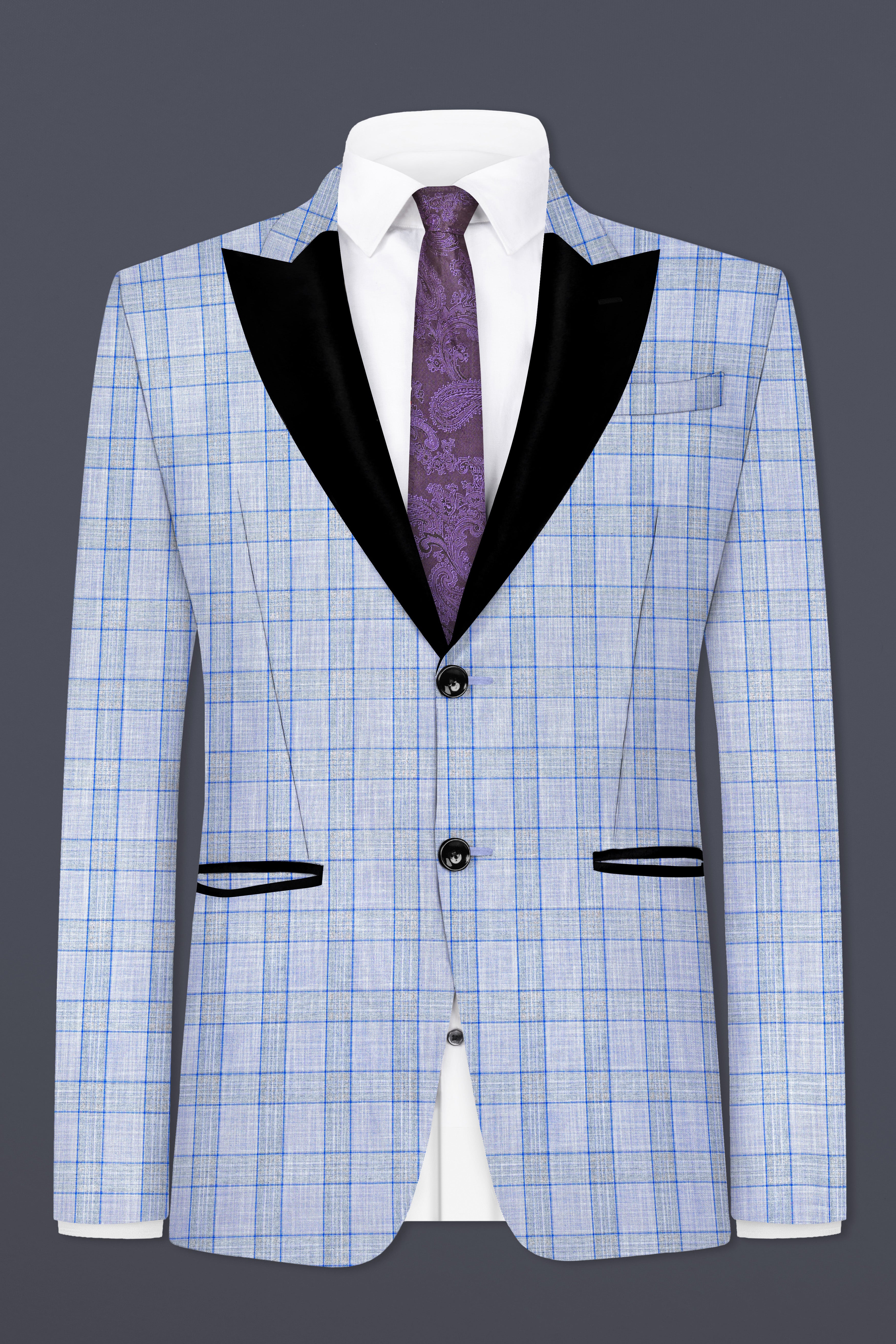 Carolina Blue Plaid Wool Blend Peak Collar Tuxedo Blazer