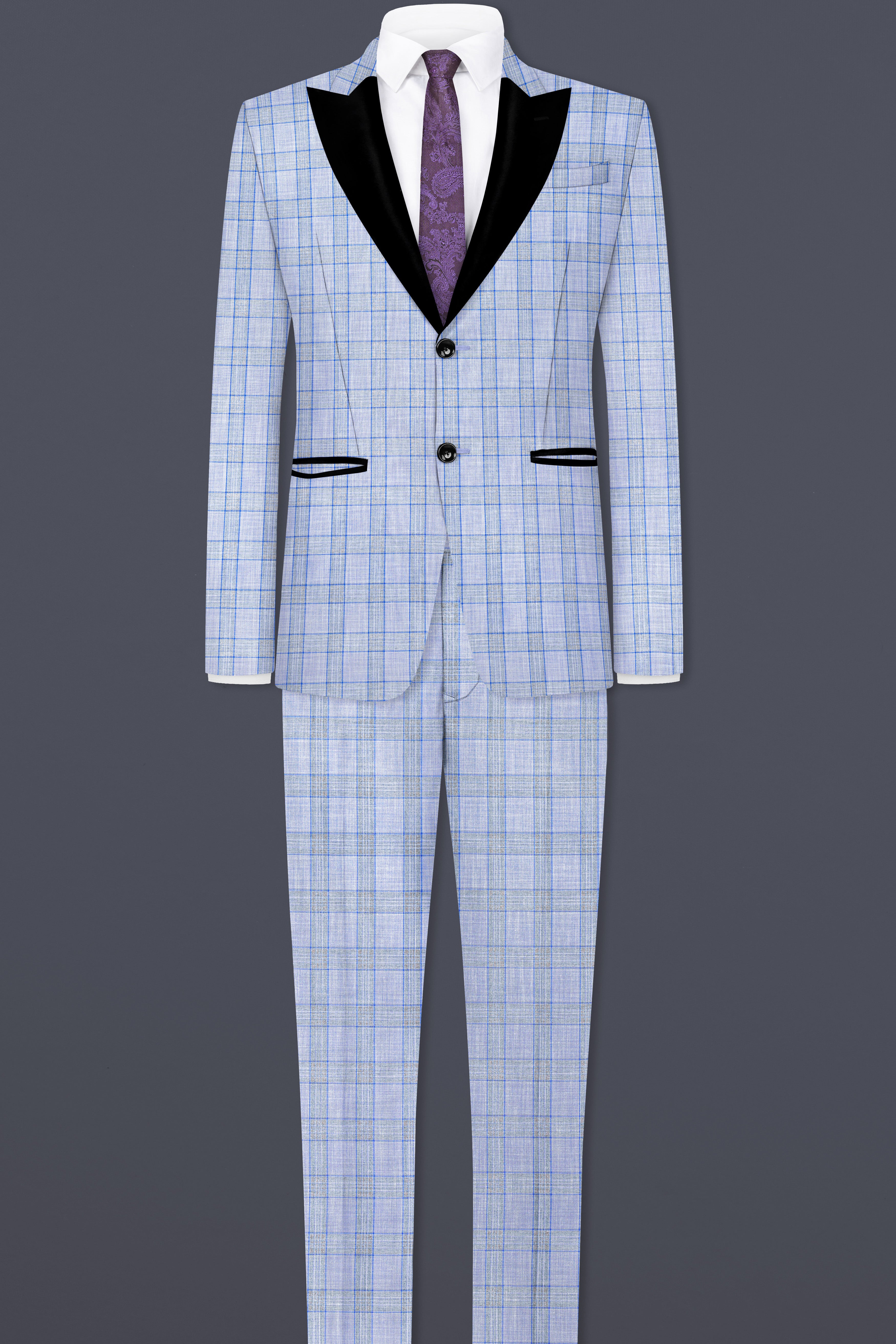 Carolina Blue Plaid Wool Blend Peak Collar Tuxedo Blazer