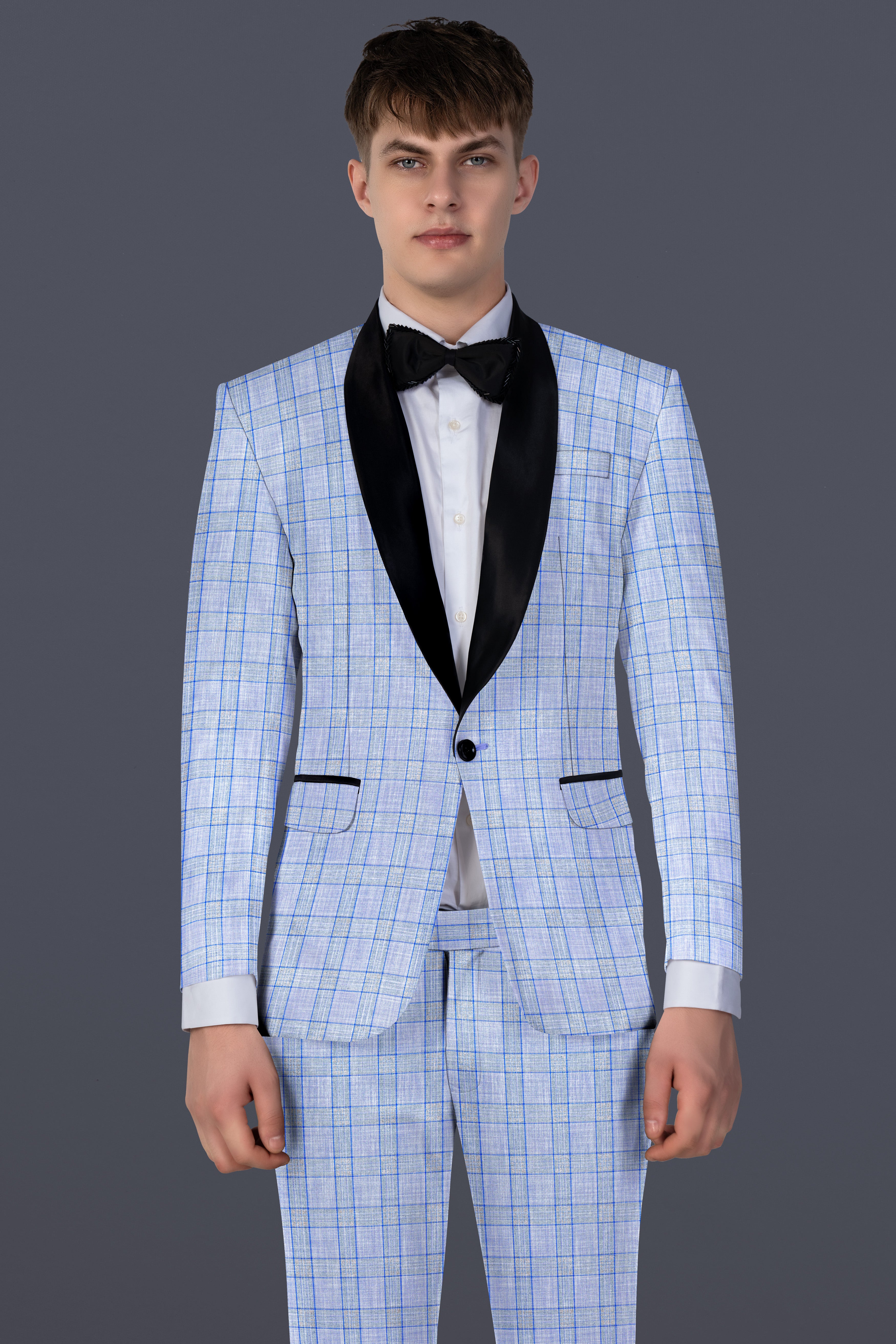 Carolina Blue Plaid Wool Blend Tuxedo Blazer