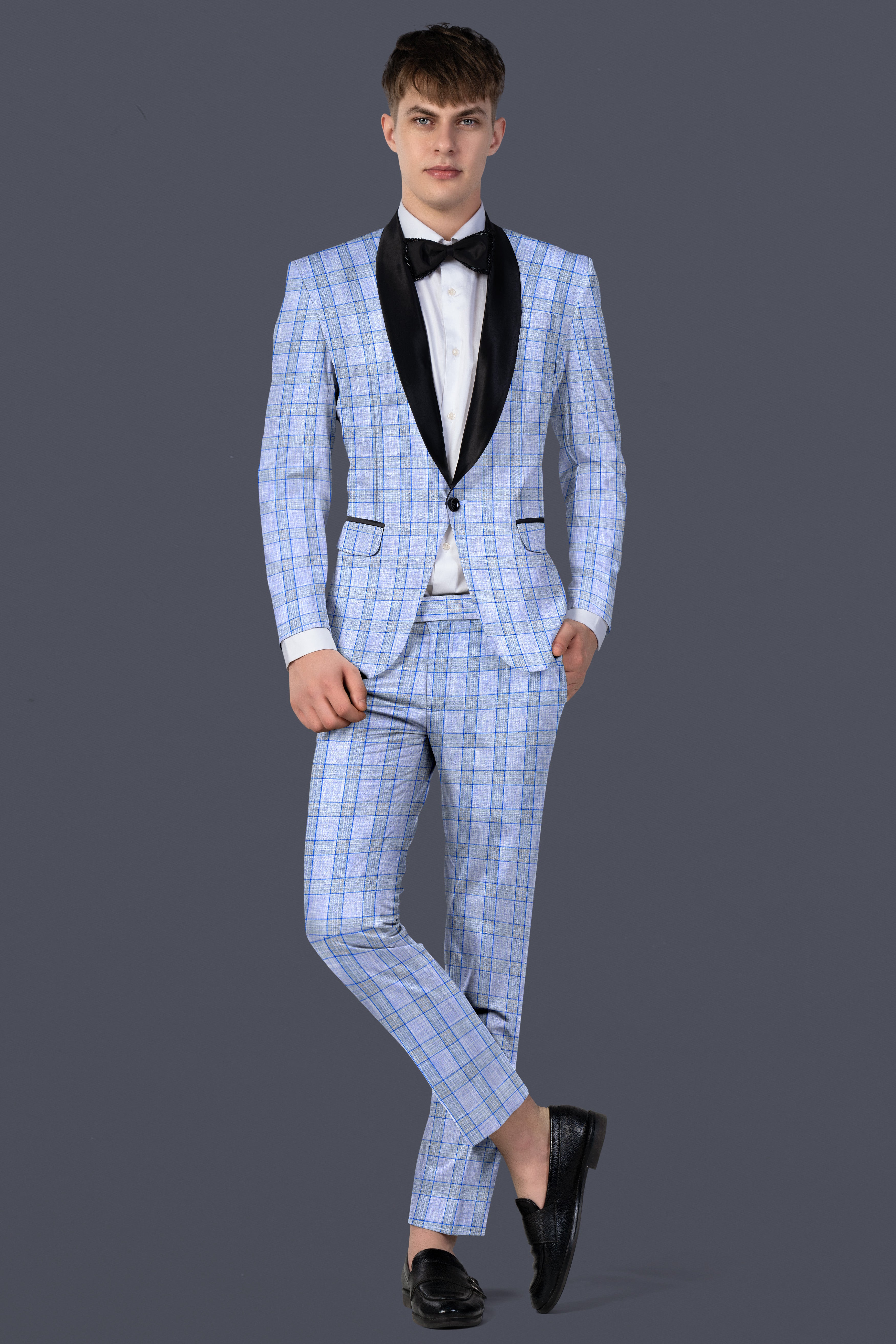 Carolina Blue Plaid Wool Blend Tuxedo Blazer