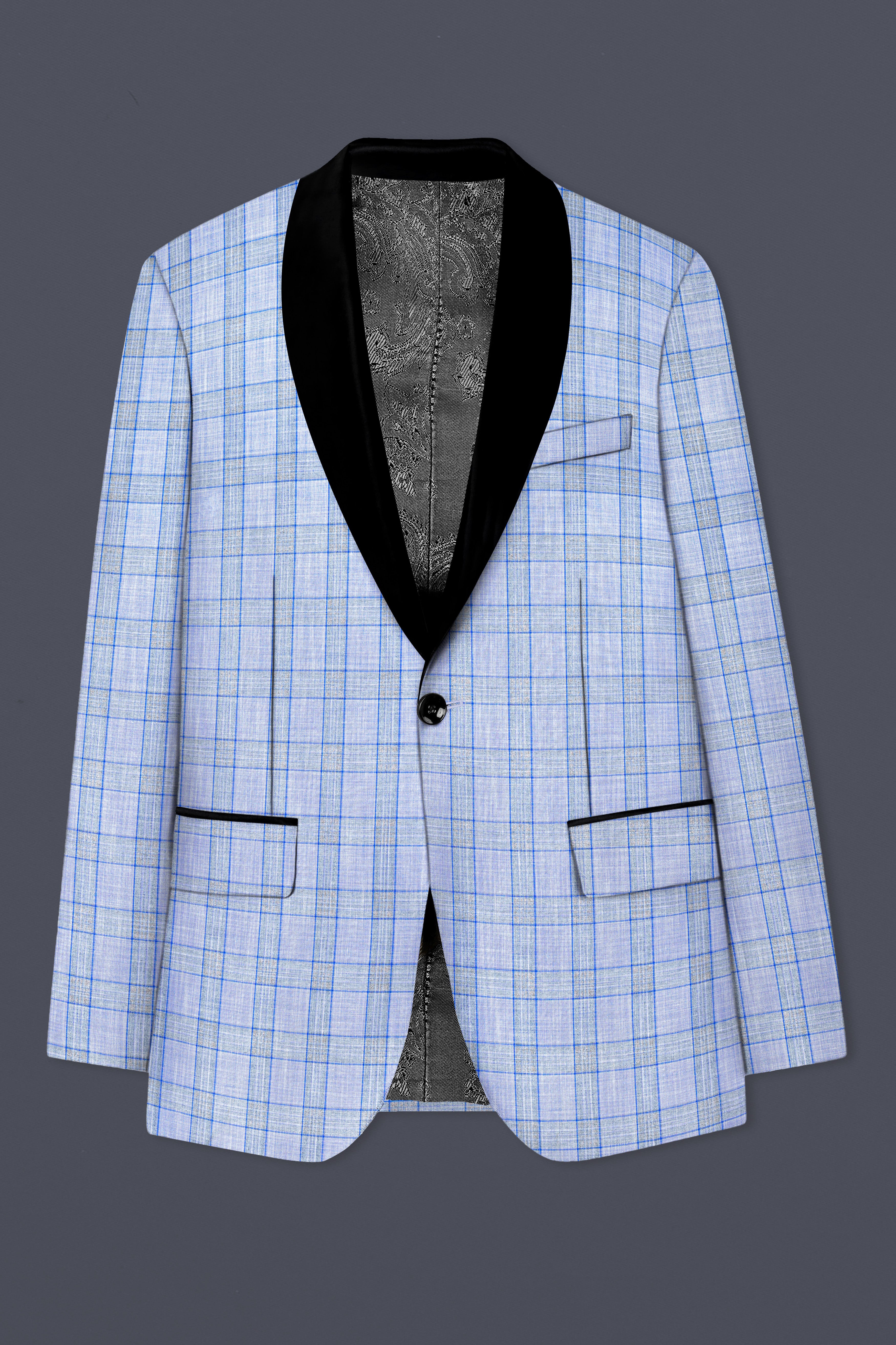 Carolina Blue Plaid Wool Blend Tuxedo Blazer