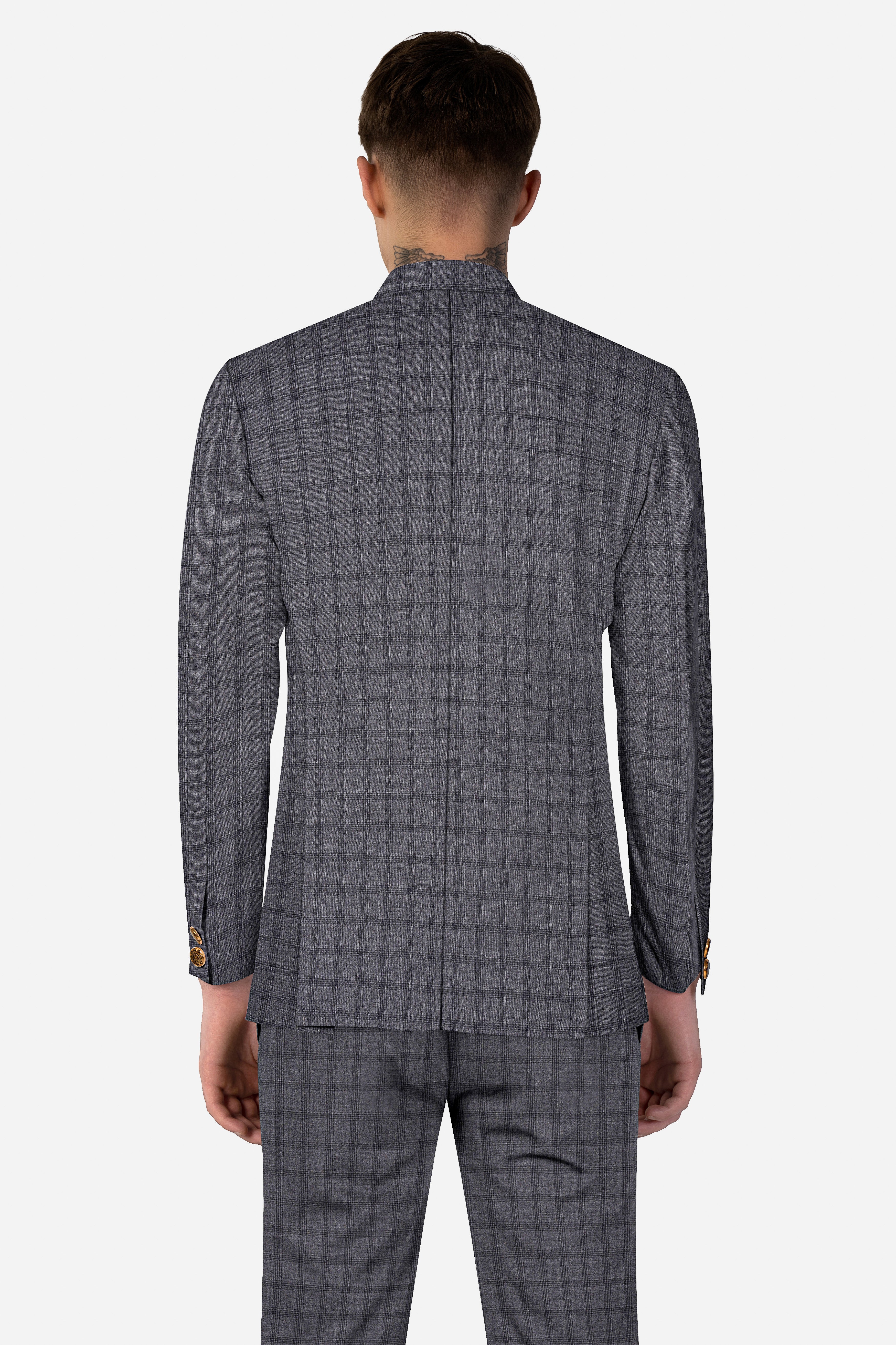 Gravel Gray Checked Wool Blend Cross Placket Bandhgala Blazer