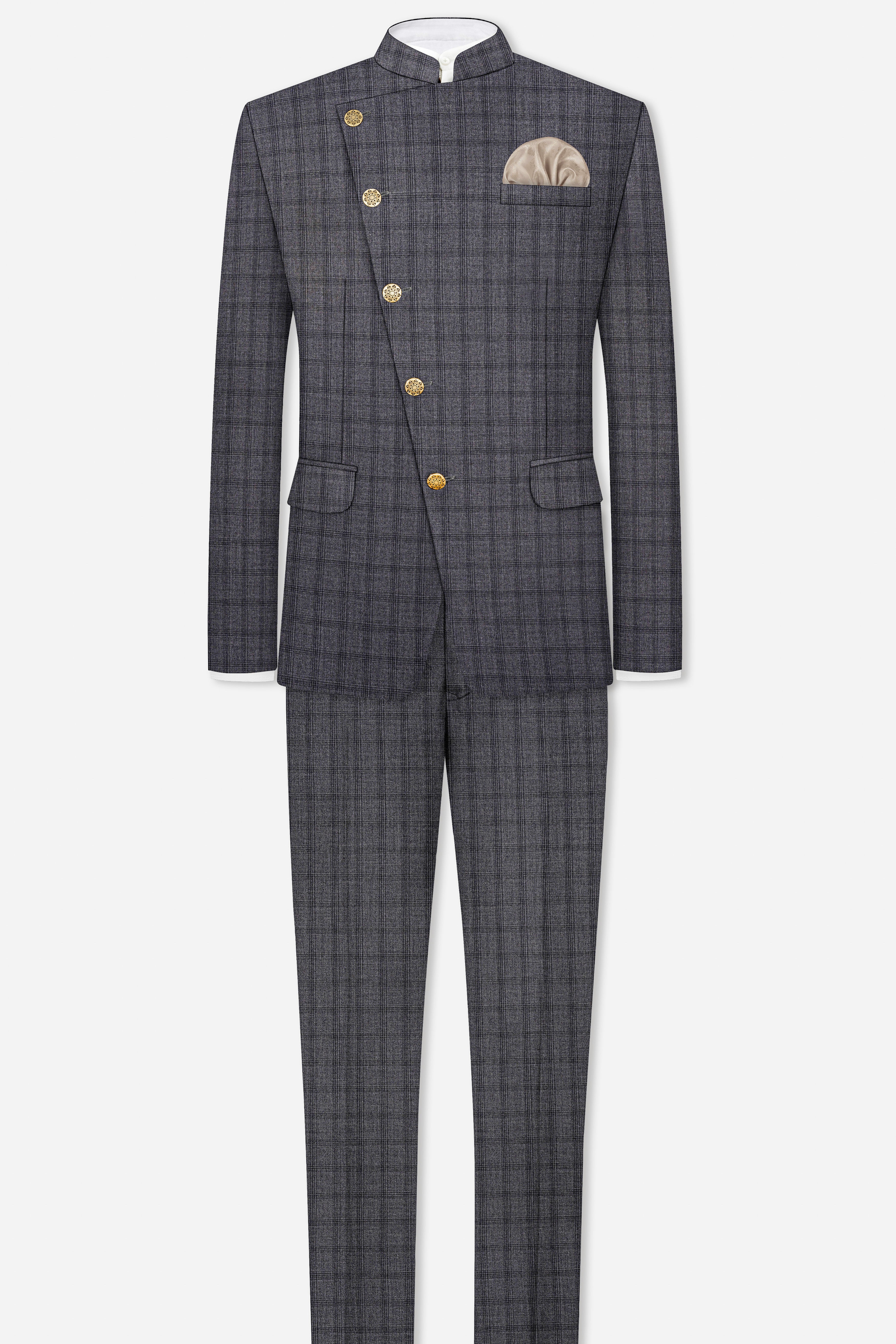 Gravel Gray Checked Wool Blend Cross Placket Bandhgala Blazer