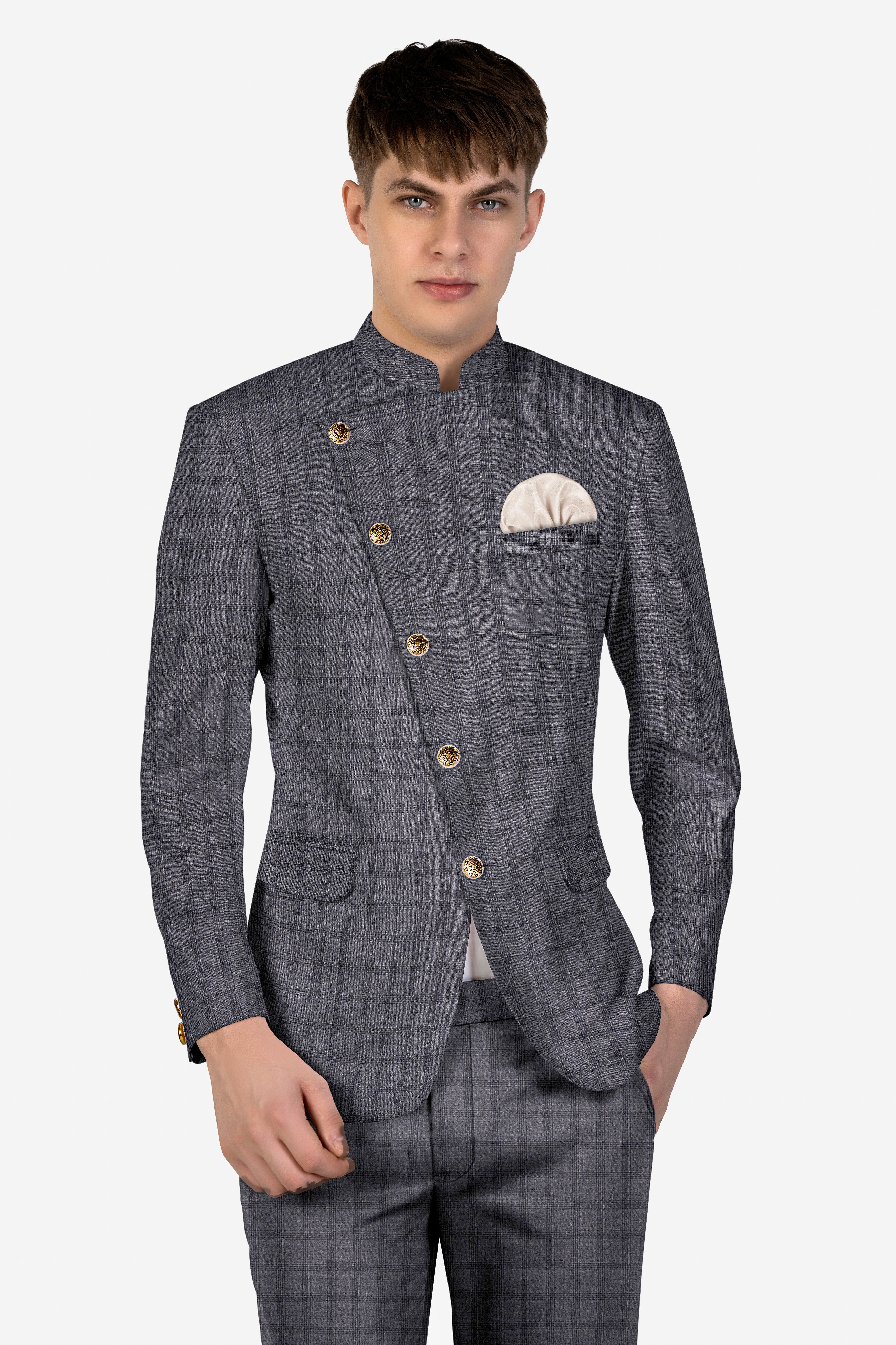 Gravel Gray Checked Wool Blend Cross Placket Bandhgala Blazer