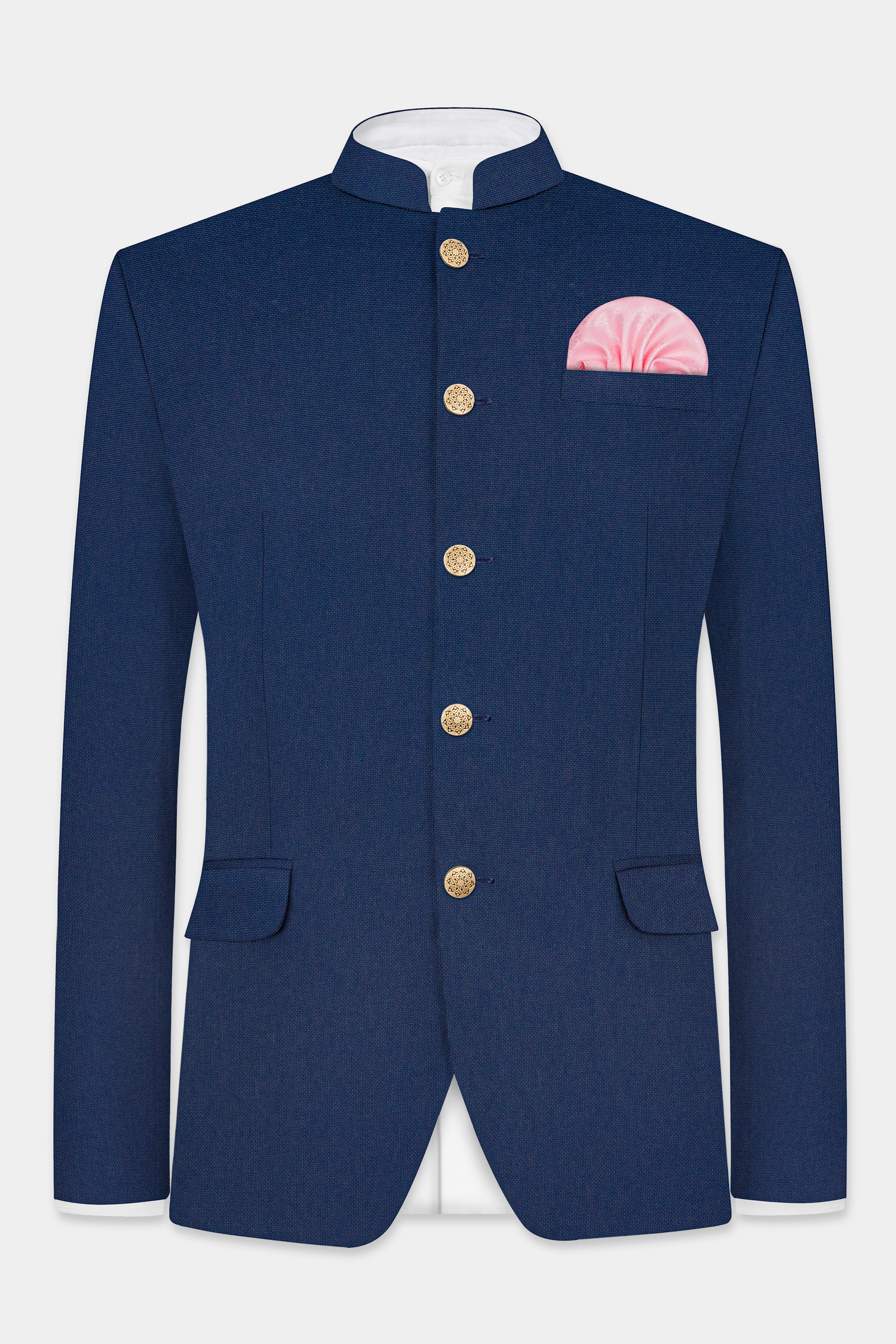 Big Stone Blue Textured Wool Blend Bandhgala Blazer