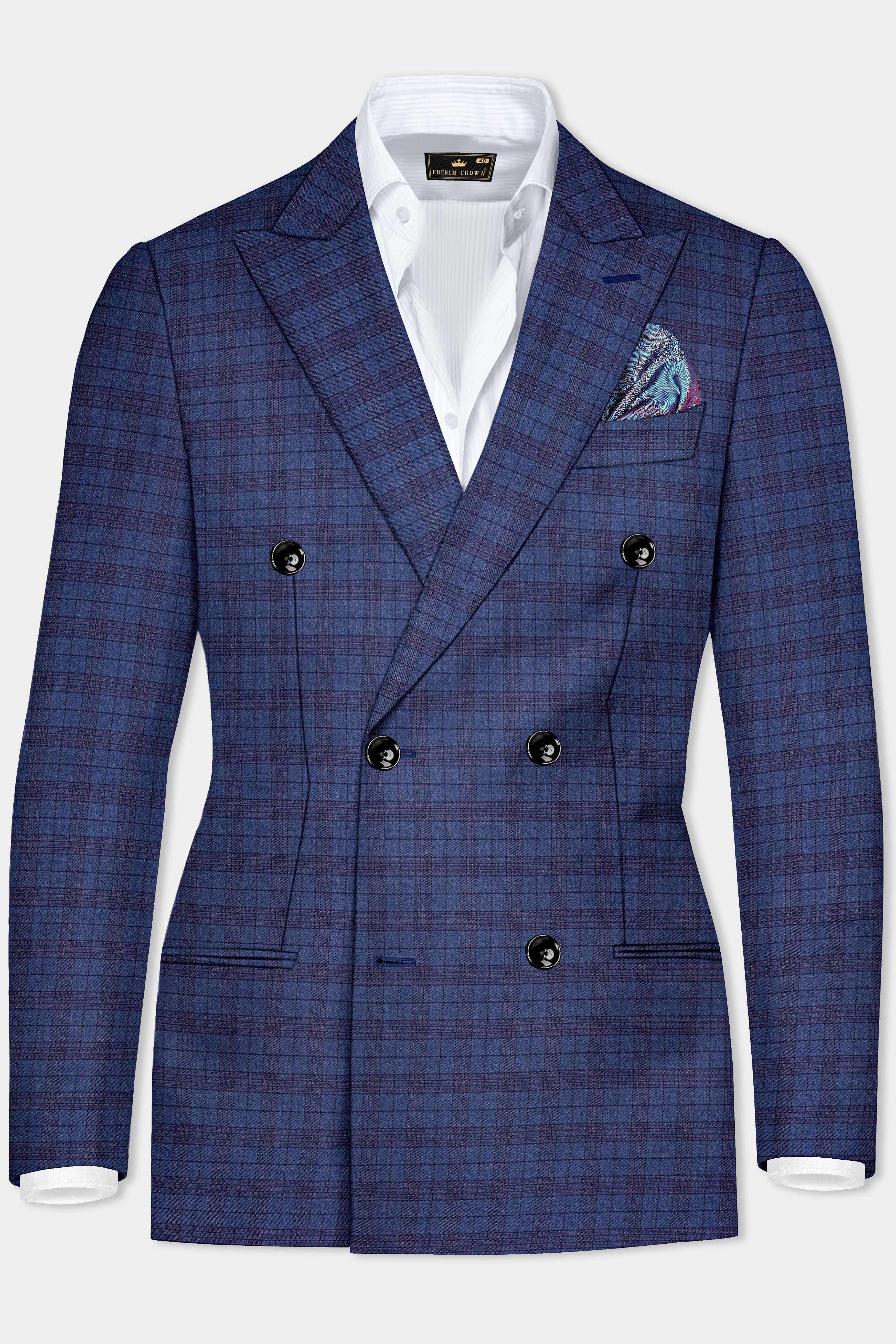 Martinique Blue Plaid Wool Blend Double Breasted Blazer