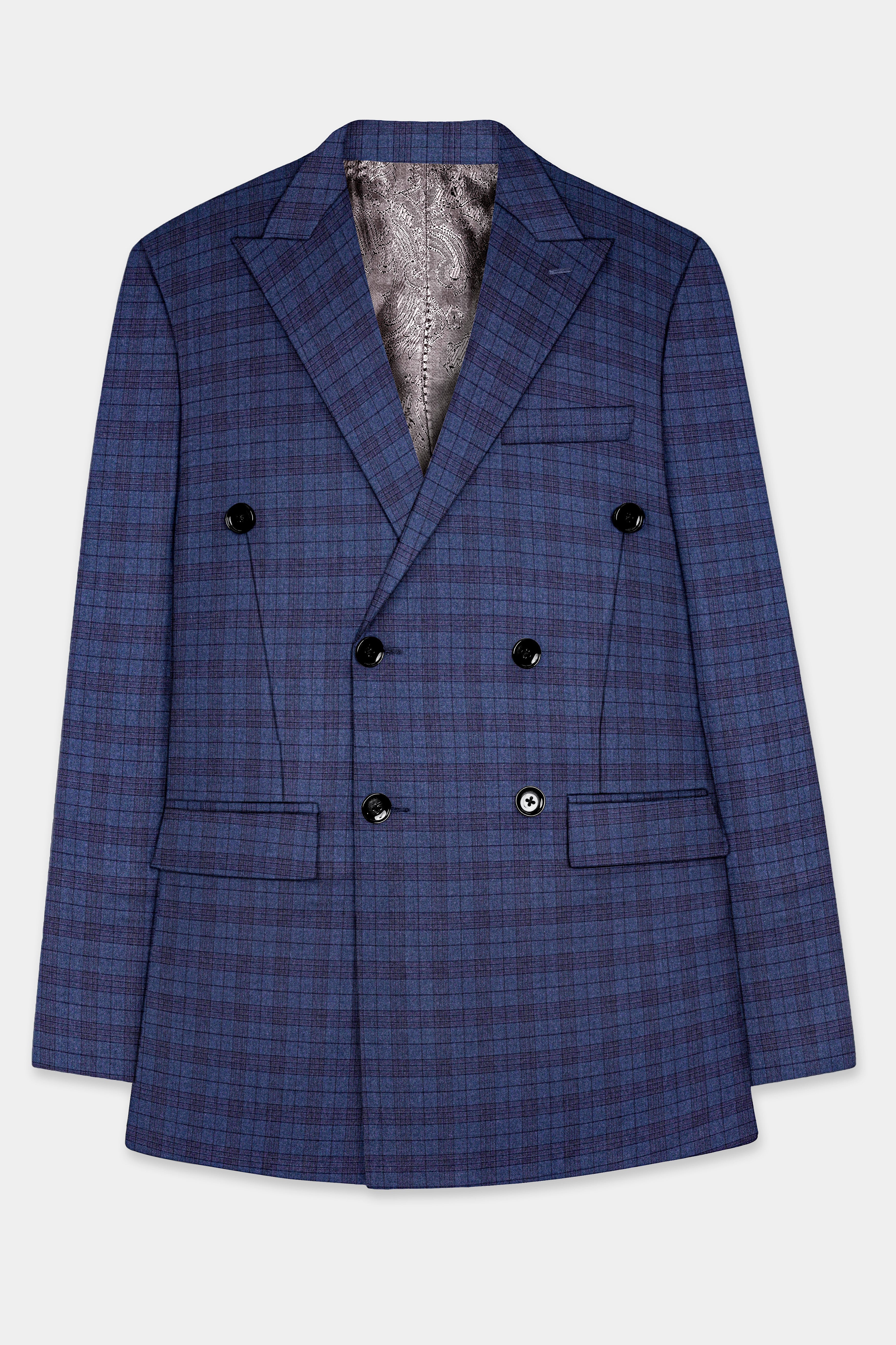 Martinique Blue Plaid Wool Blend Double Breasted Blazer