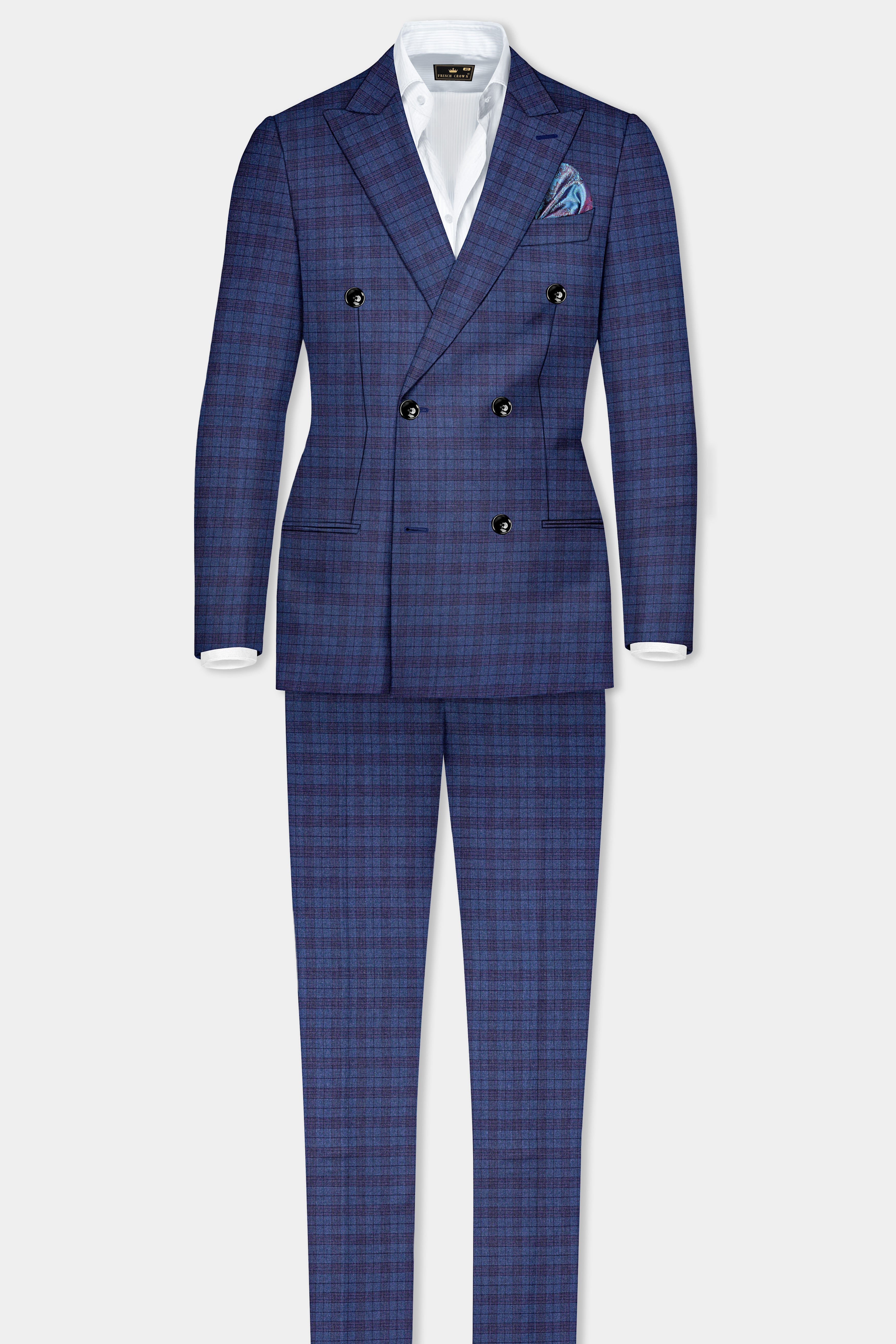 Martinique Blue Plaid Wool Blend Double Breasted Blazer