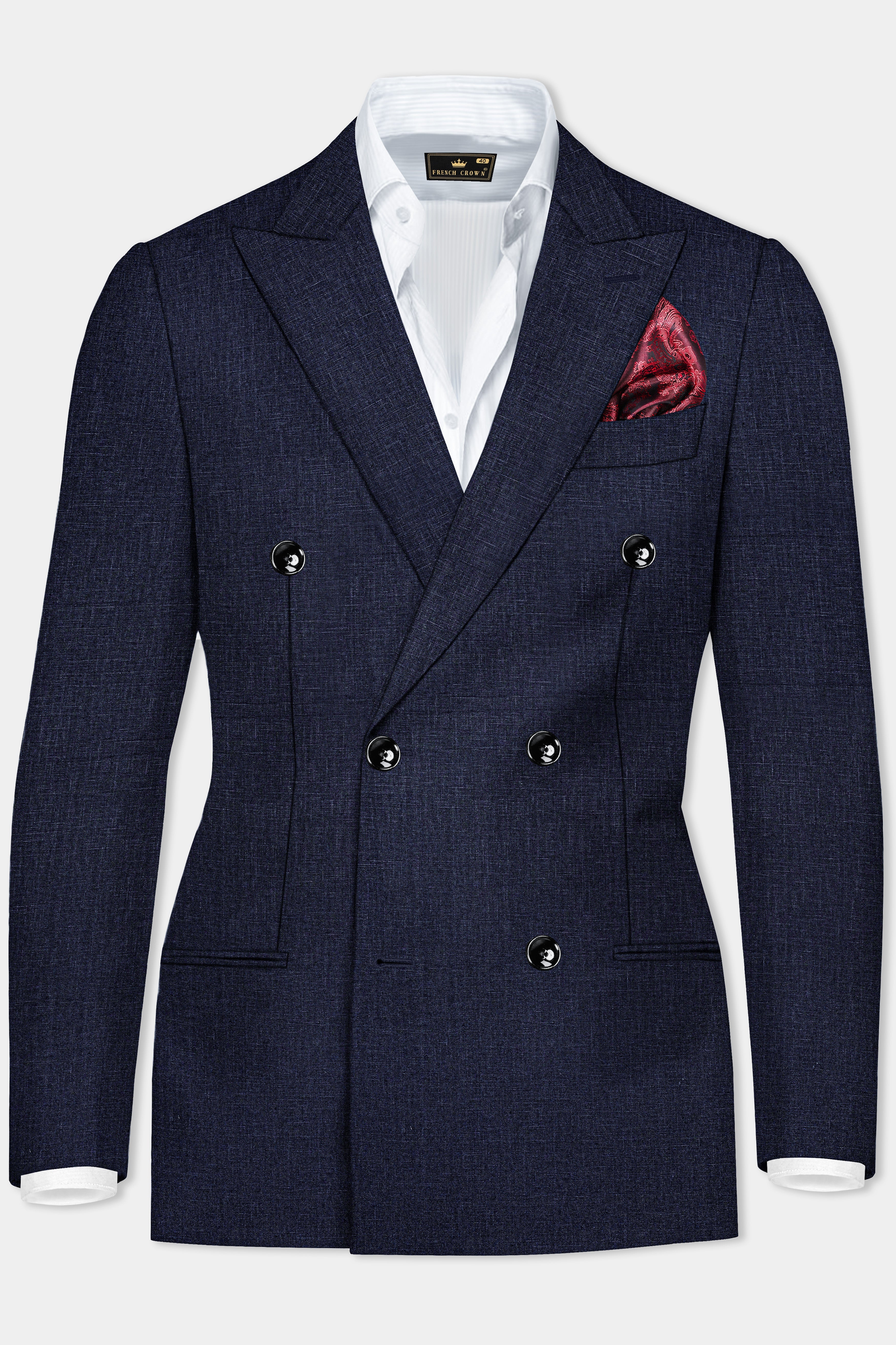 Shark Blue Textured Luxurious Linen Double Breasted Blazer