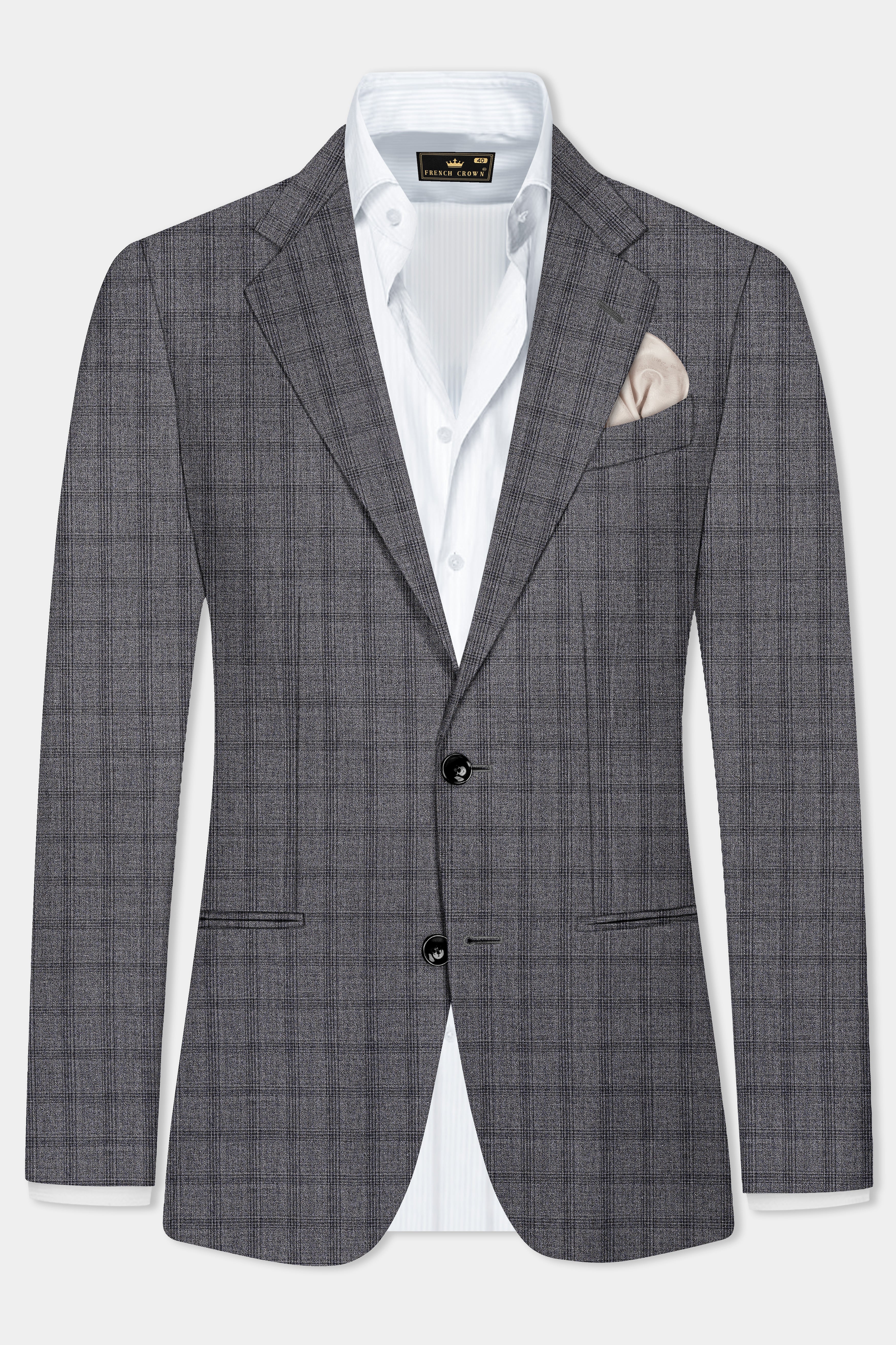 Gravel Gray Checked Wool Blend Single Breasted Blazer