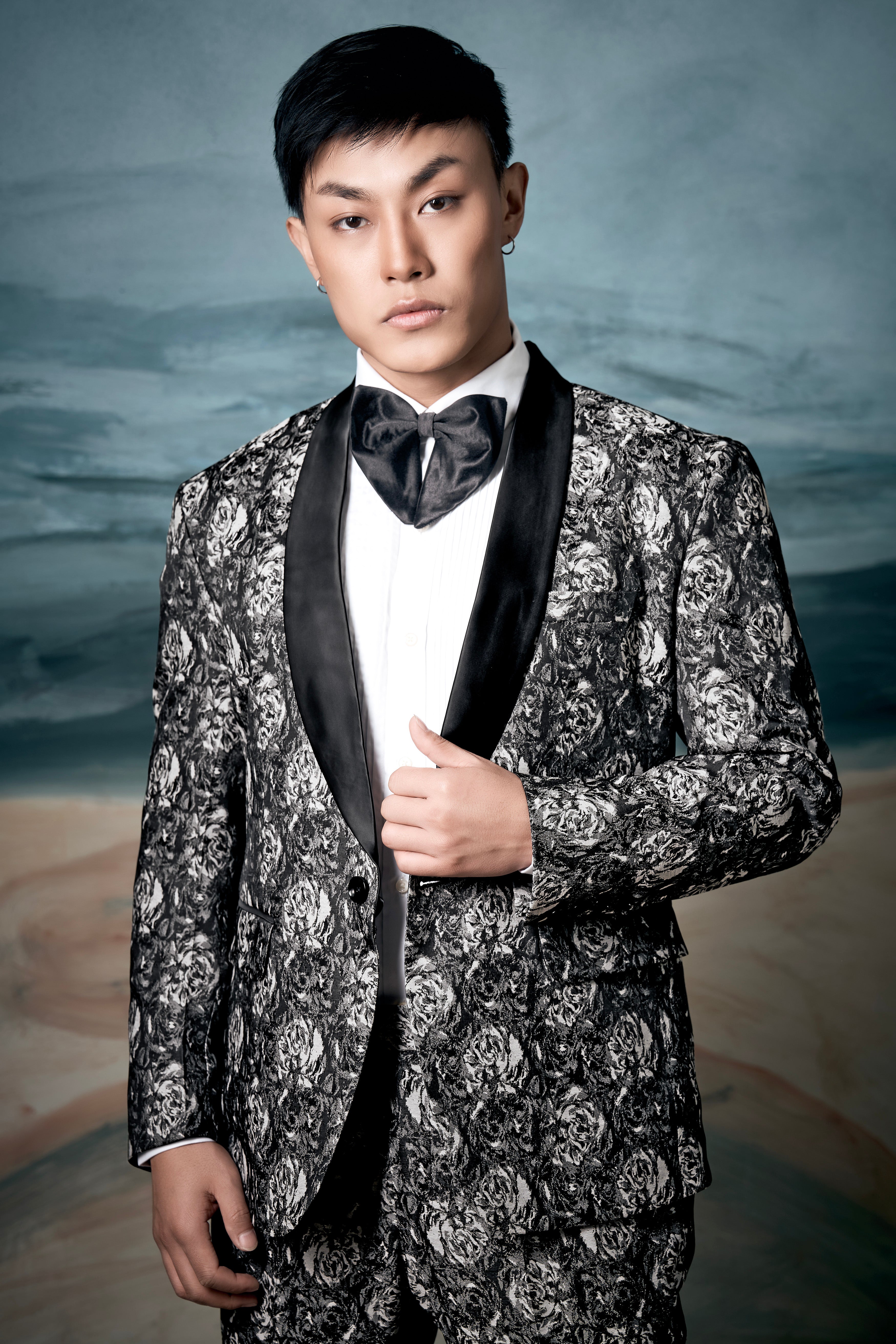 Vampire Gray Jacquard Textured Designer Tuxedo Blazer