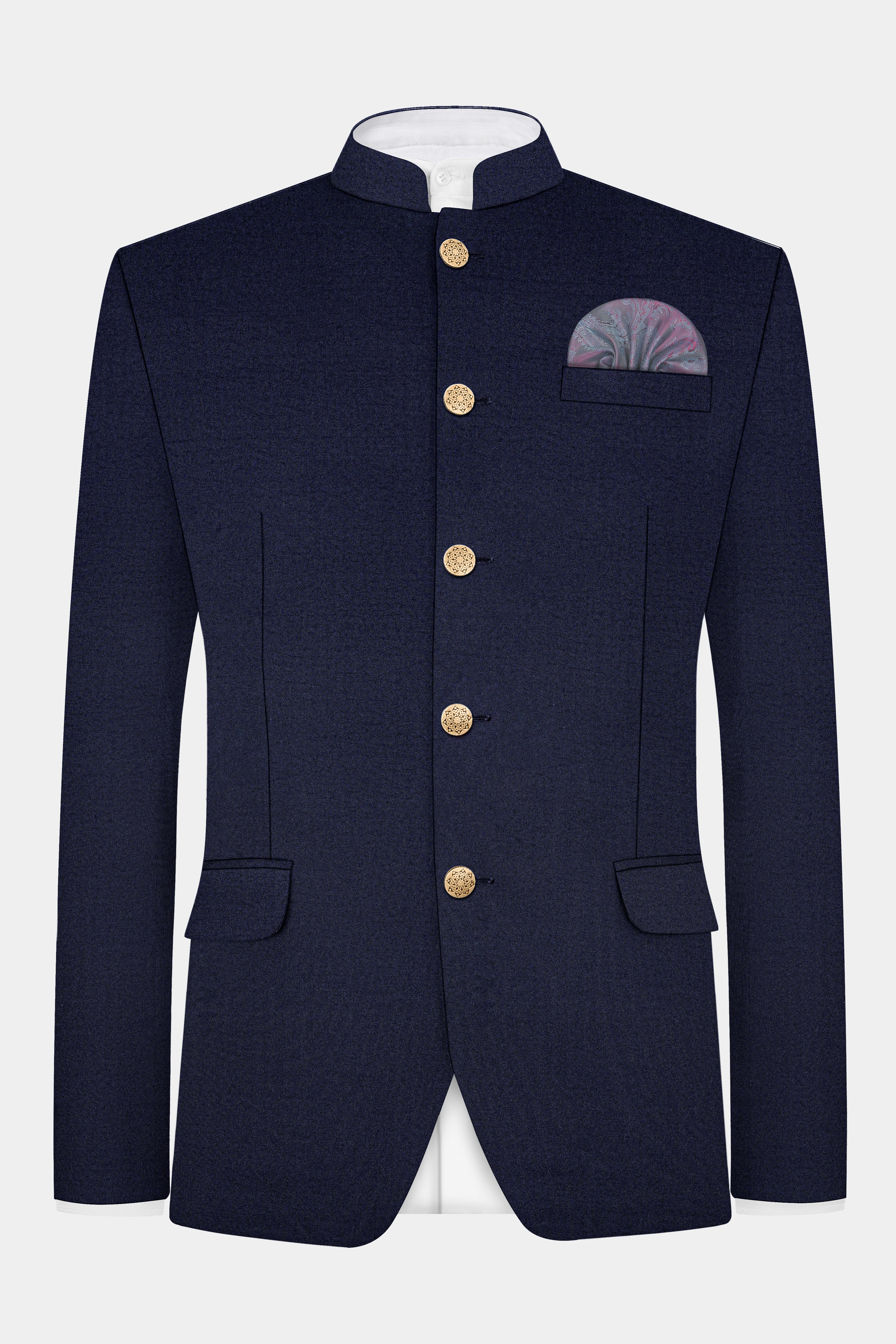 Thunder Blue Solid Wool Blend Bandhgala Blazer