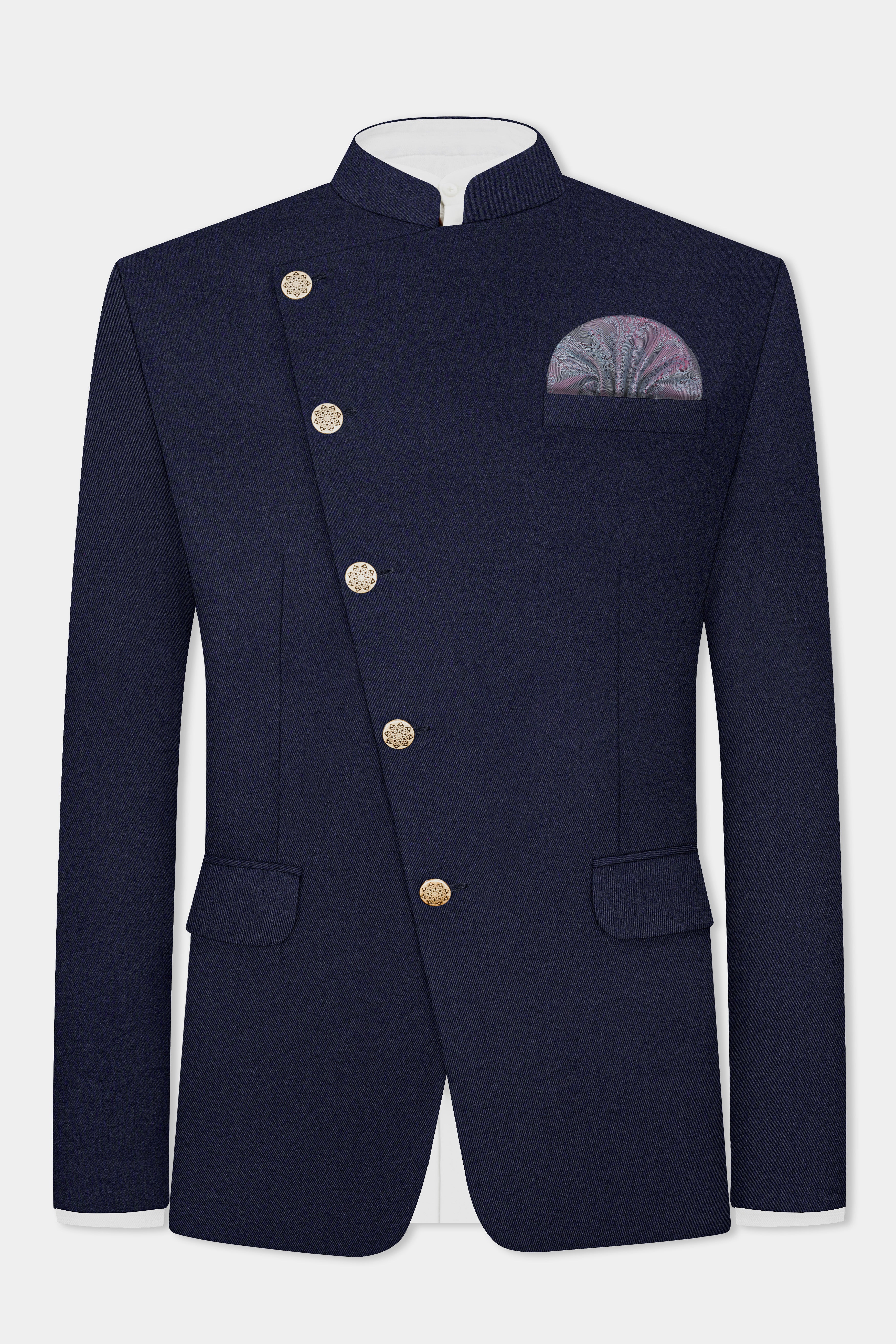 Thunder Blue Solid Wool Blend Cross Placket Bandhgala Blazer