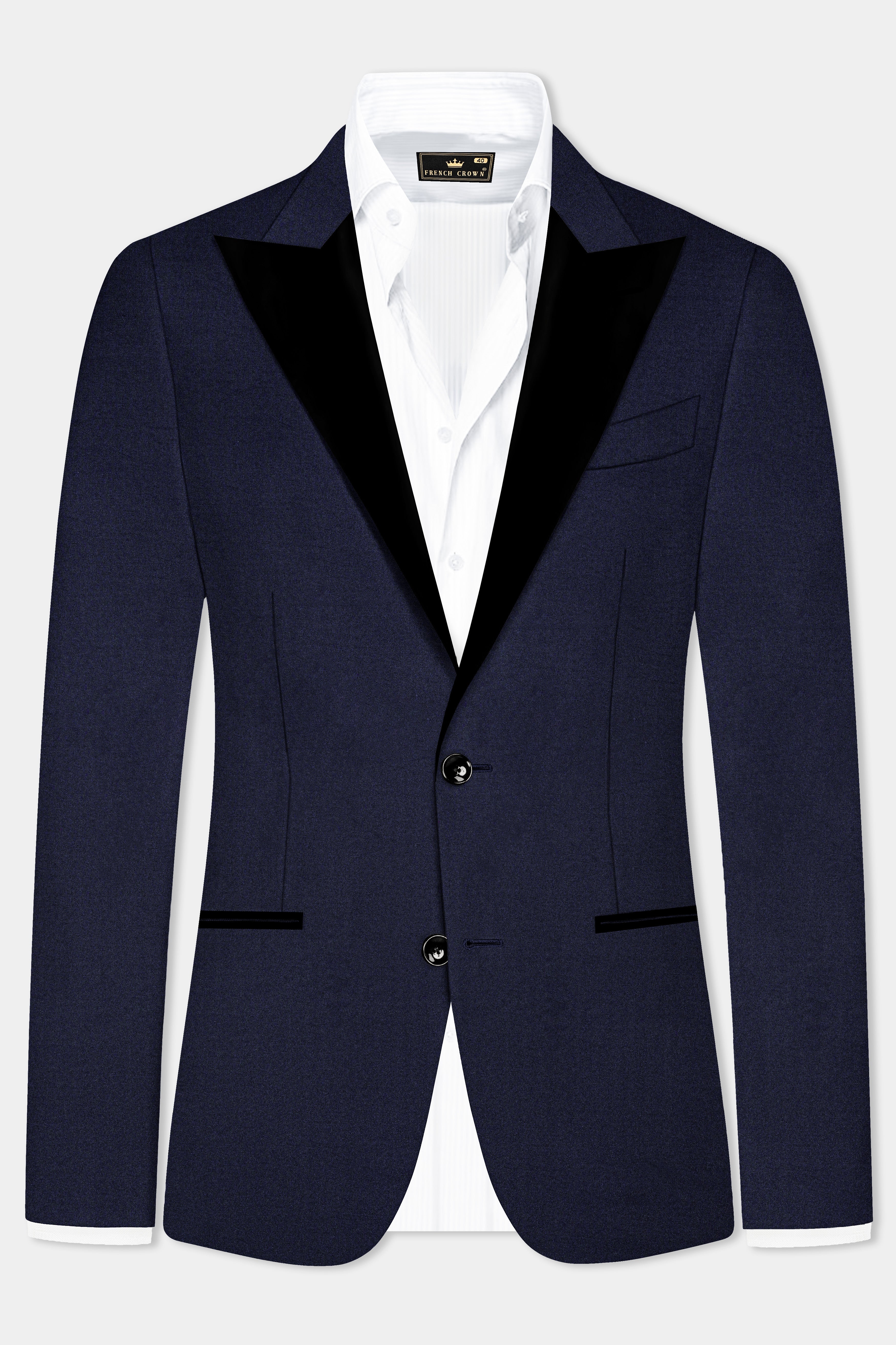 Thunder Blue Solid Wool Blend Peak Collar Tuxedo Blazer