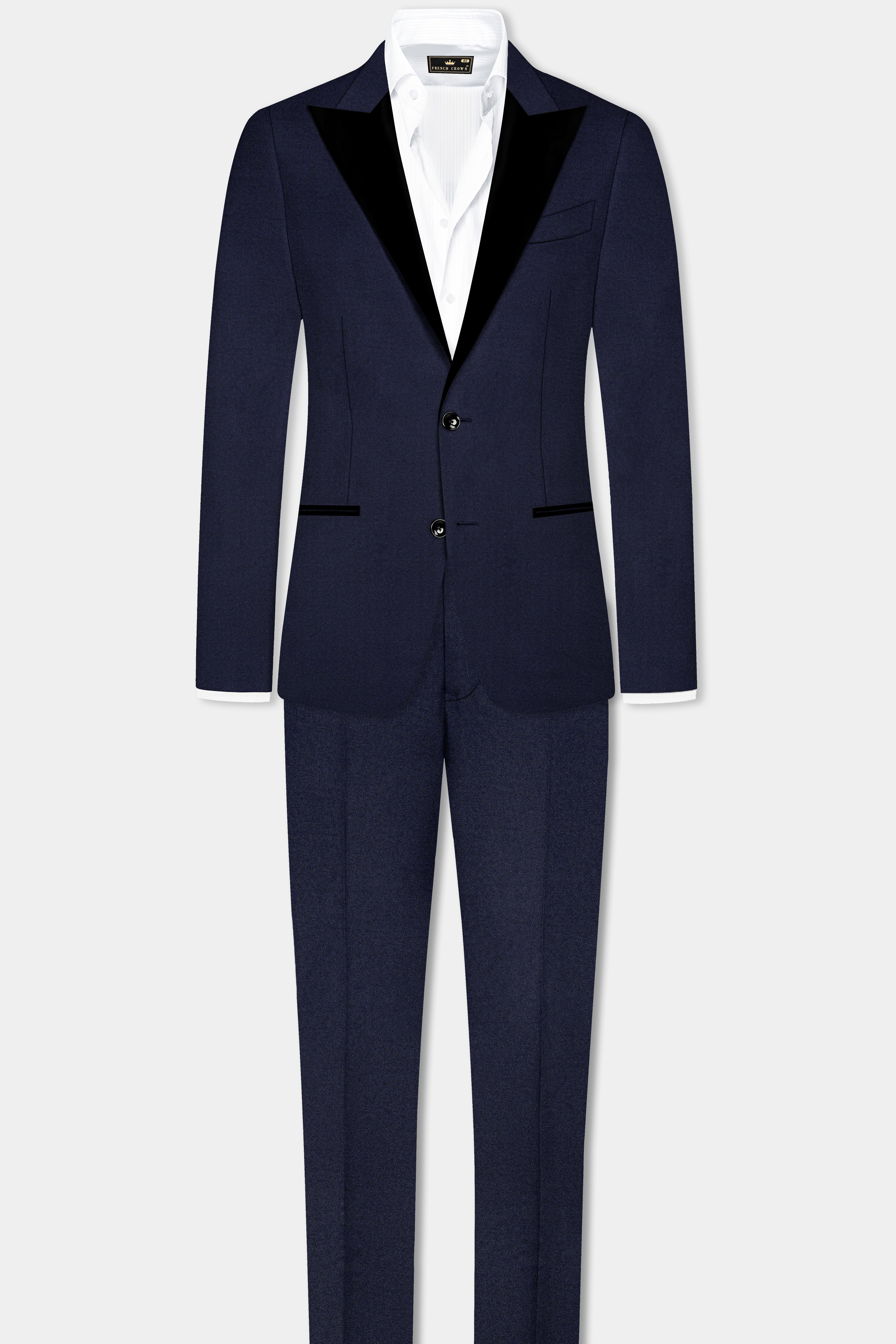 Thunder Blue Solid Wool Blend Peak Collar Tuxedo Blazer