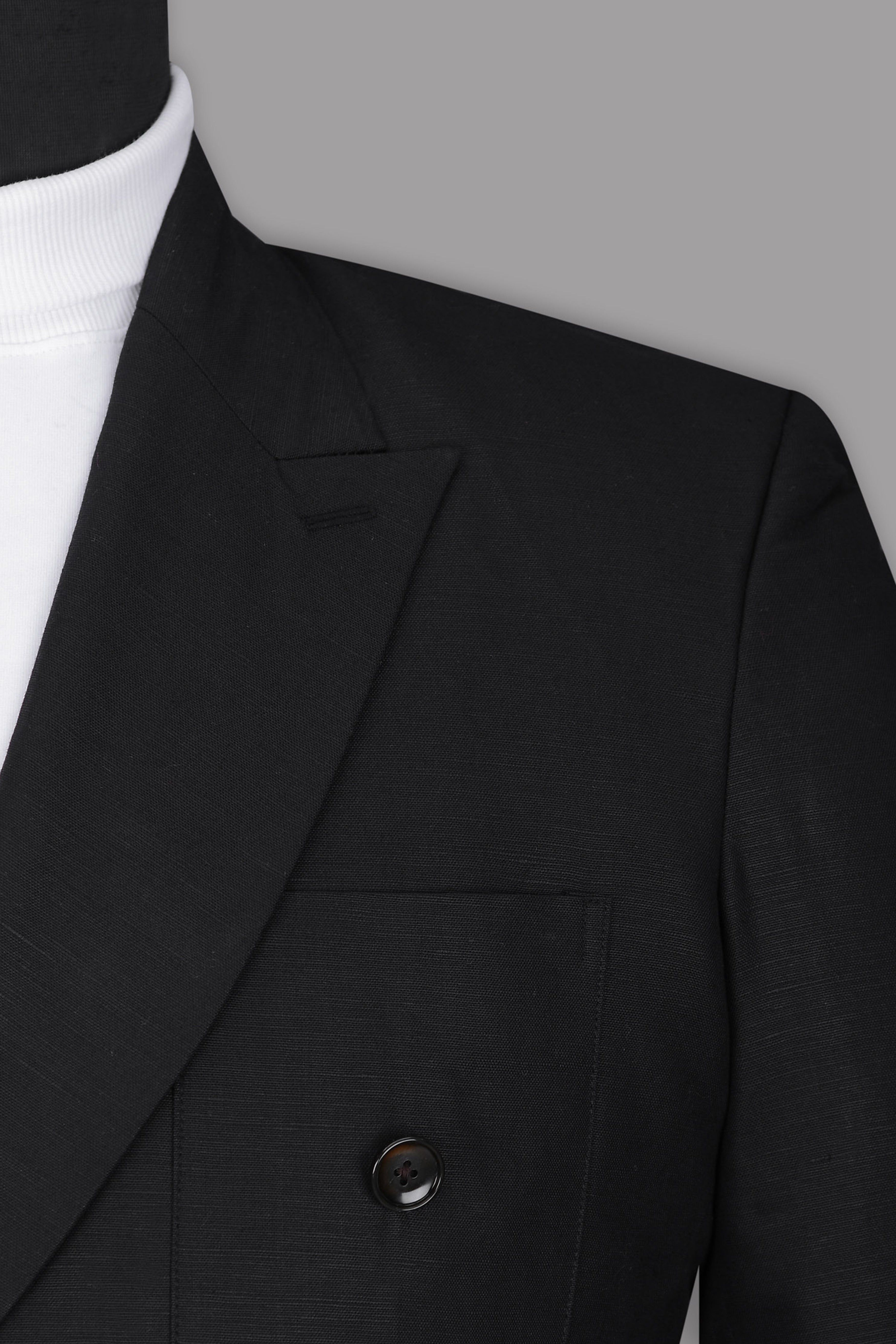 Jet Black Solid Luxurious Linen Double-breasted Sports Blazer