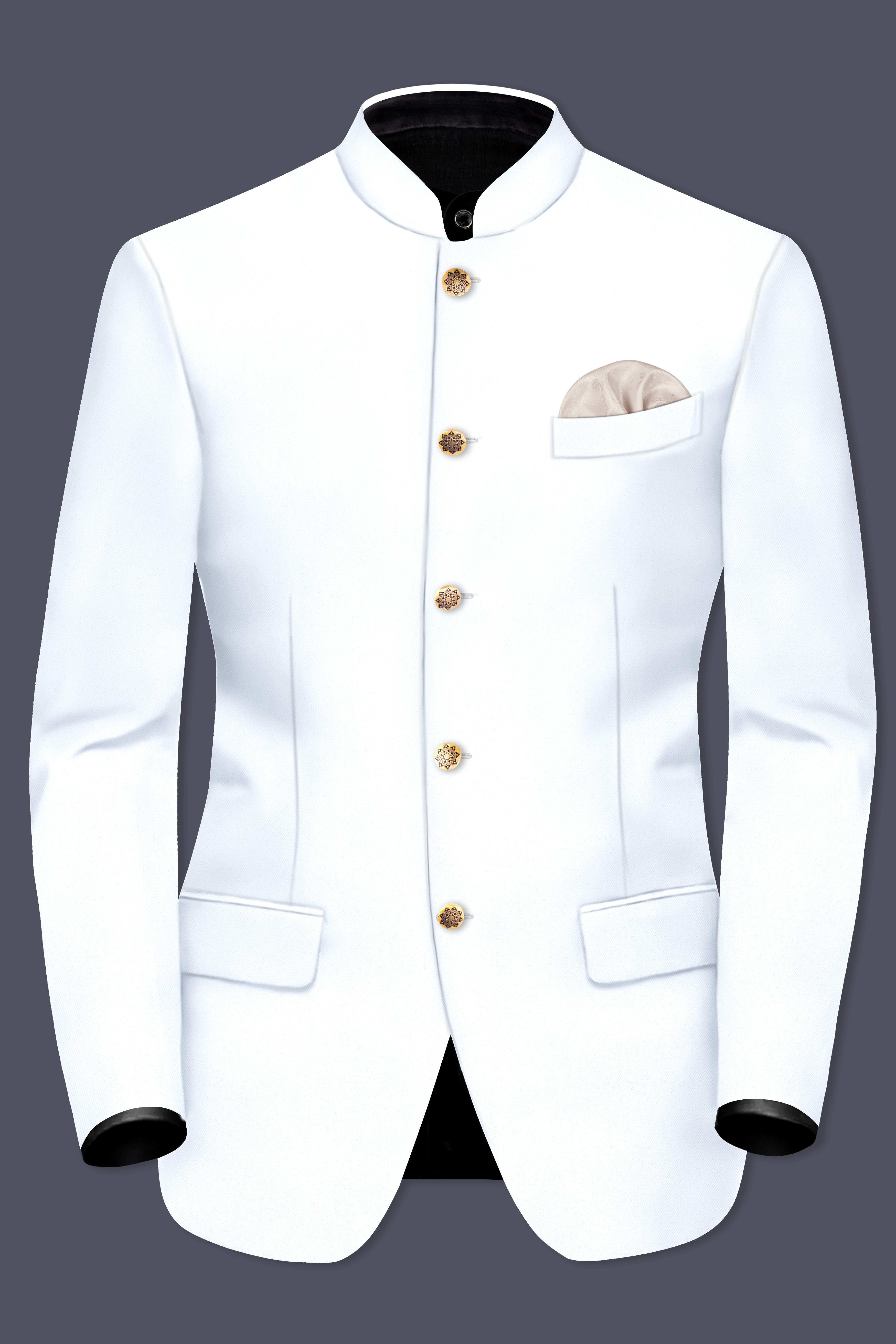 Bright White Stretchable Subtle Sheen Bandhgala/Mandarin Blazer