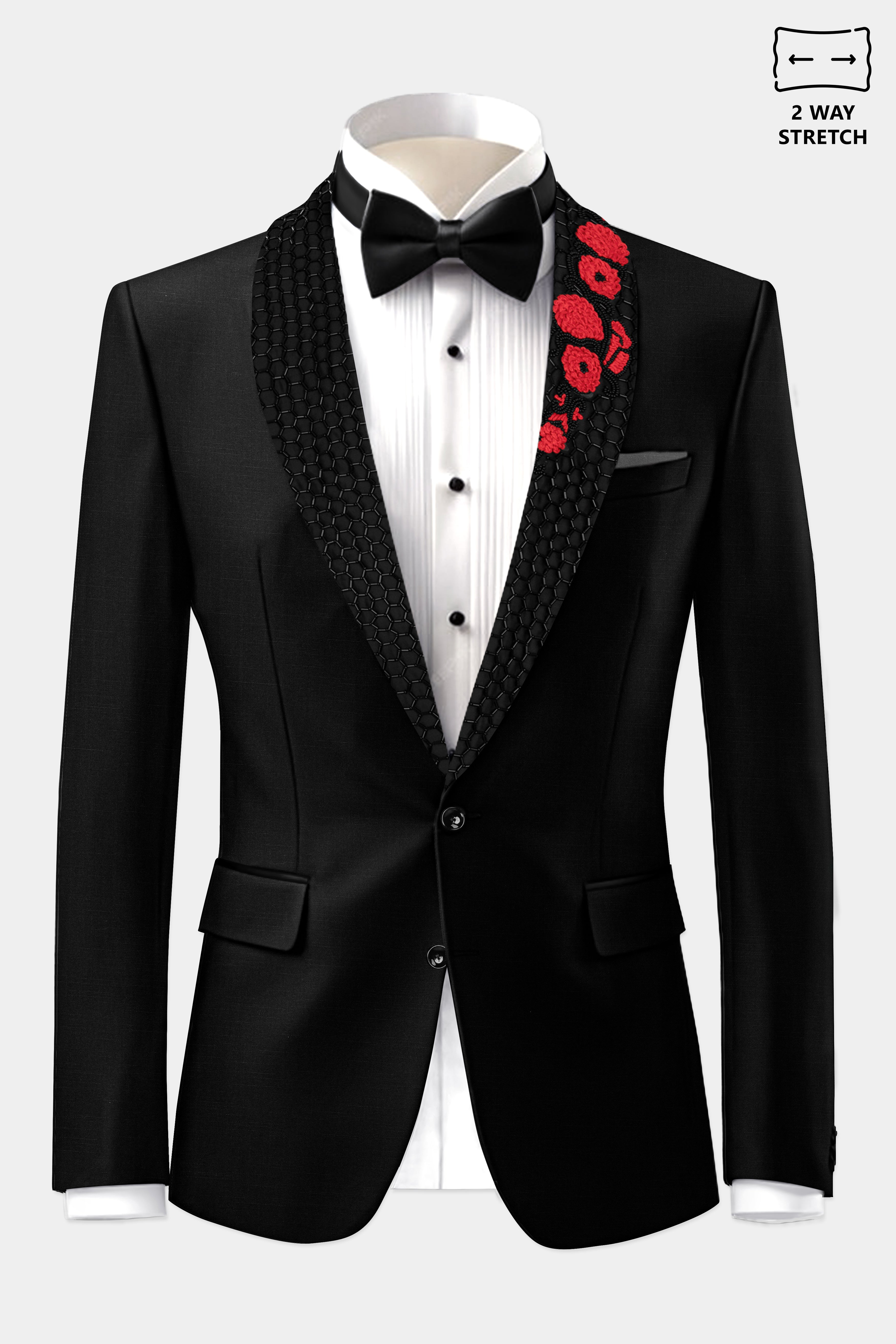 Jade Black Stretchable Subtle Sheen Wool Rich Handcrafted Designer Tuxedo Blazer