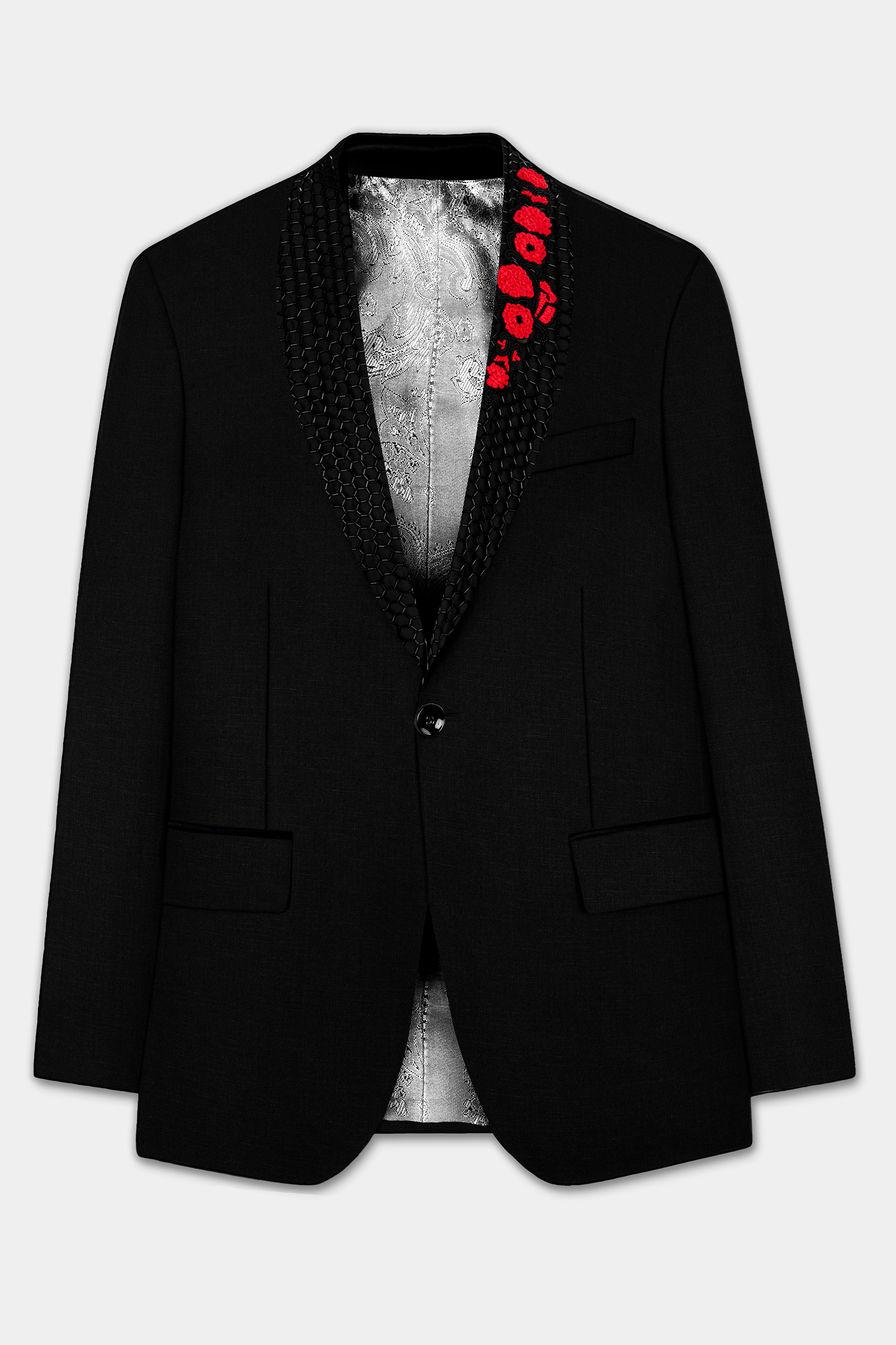 Jade Black Stretchable Subtle Sheen Wool Rich Handcrafted Designer Tuxedo Blazer