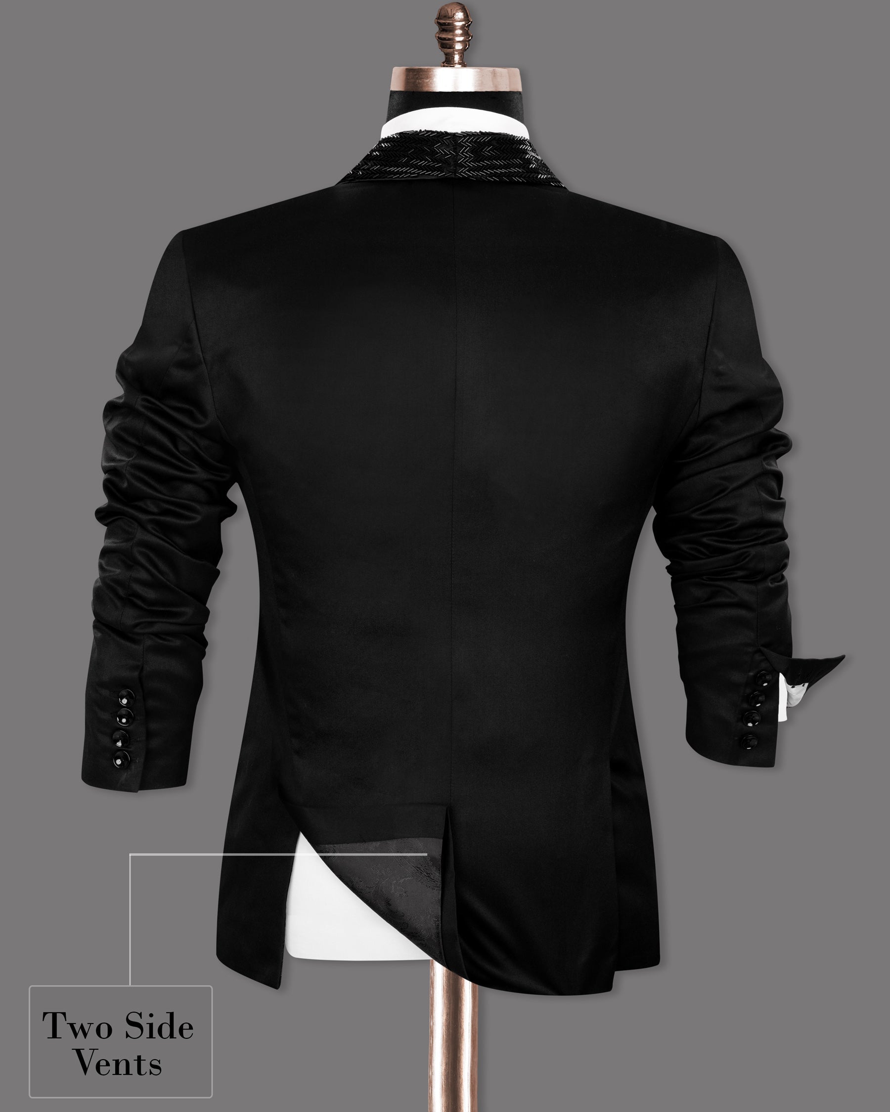 Jade Black Stretchable Subtle Sheen Wool Rich Hand Crafted Designer Tuxedo Blazer