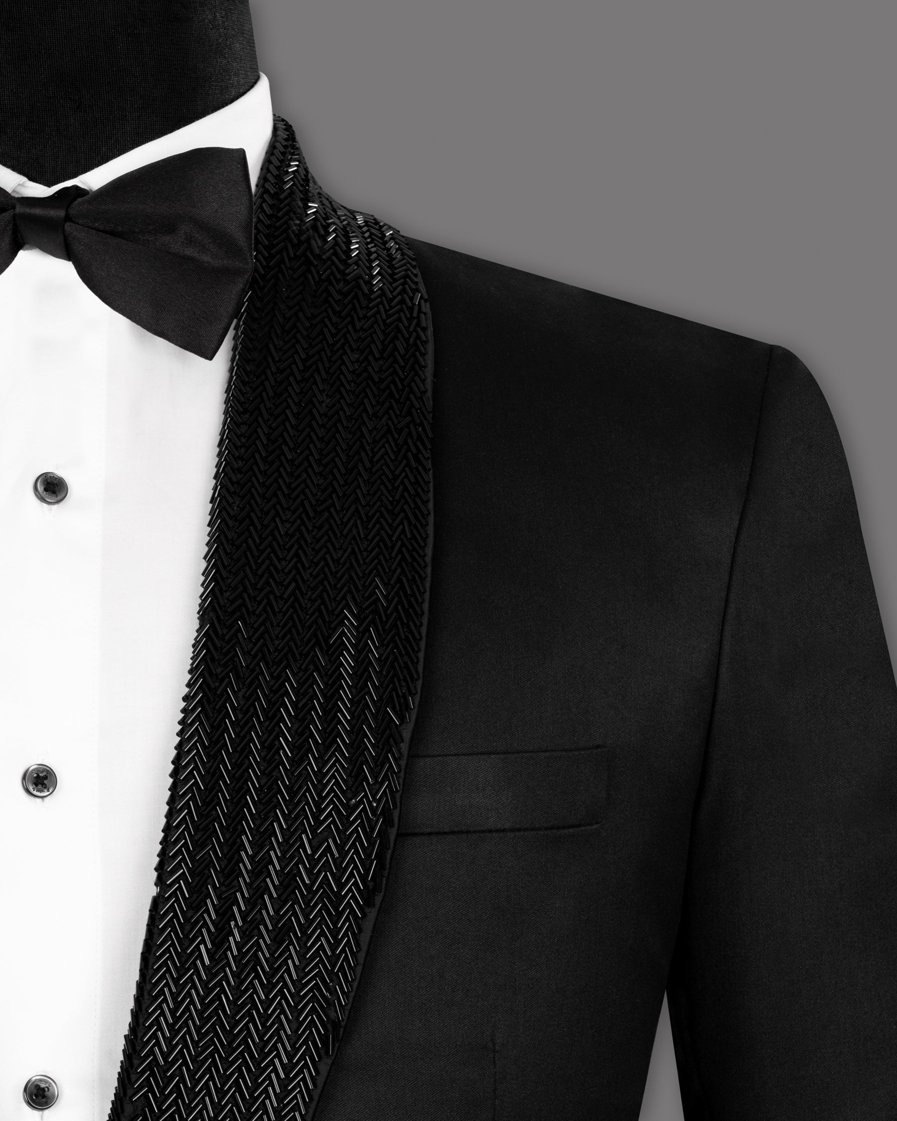 Jade Black Stretchable Subtle Sheen Wool Rich Hand Crafted Designer Tuxedo Blazer