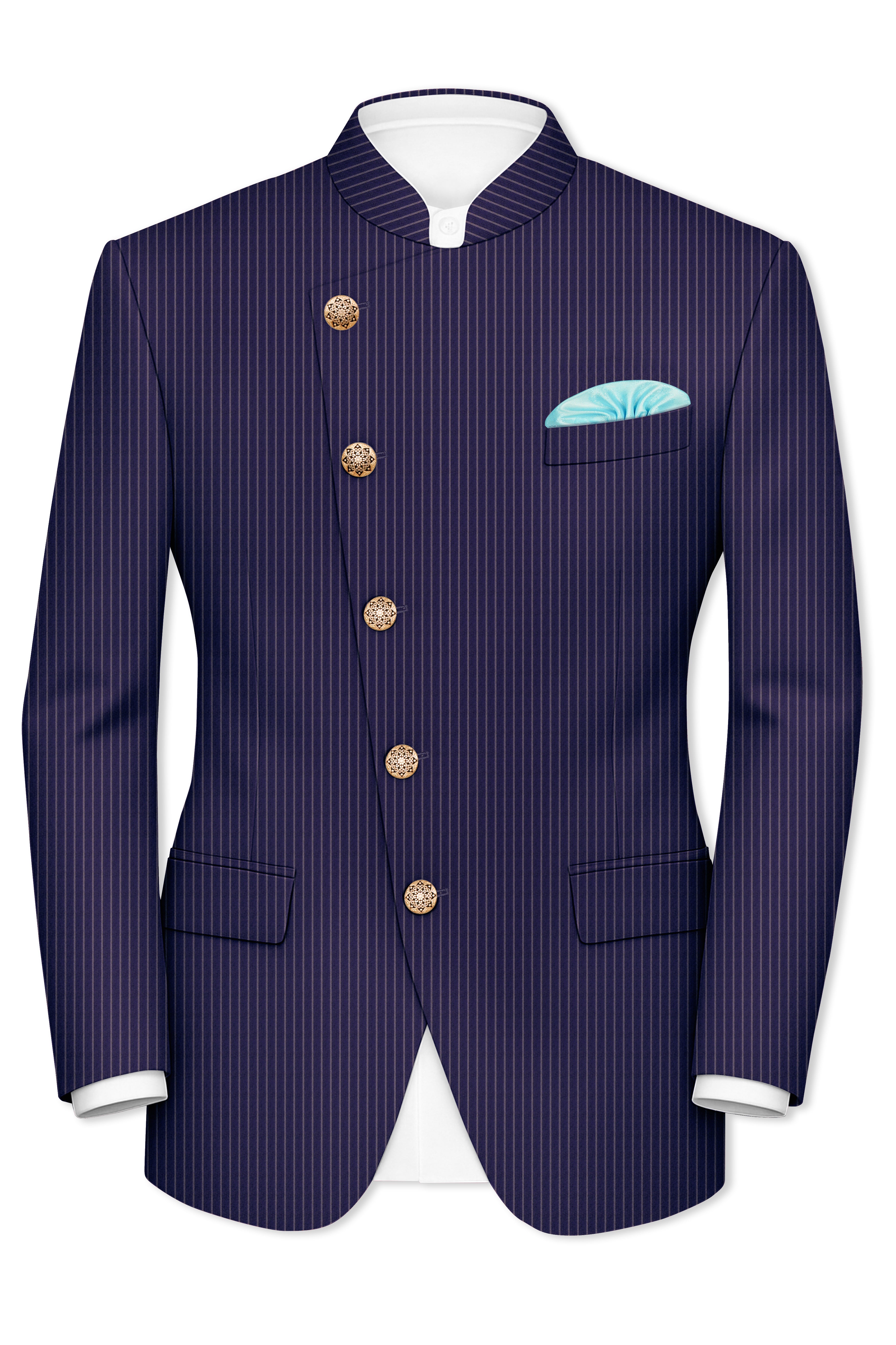 Martinique Blue with Prelude Striped Bandhgala/Mandarin Corduroy Premium Cotton Blazer