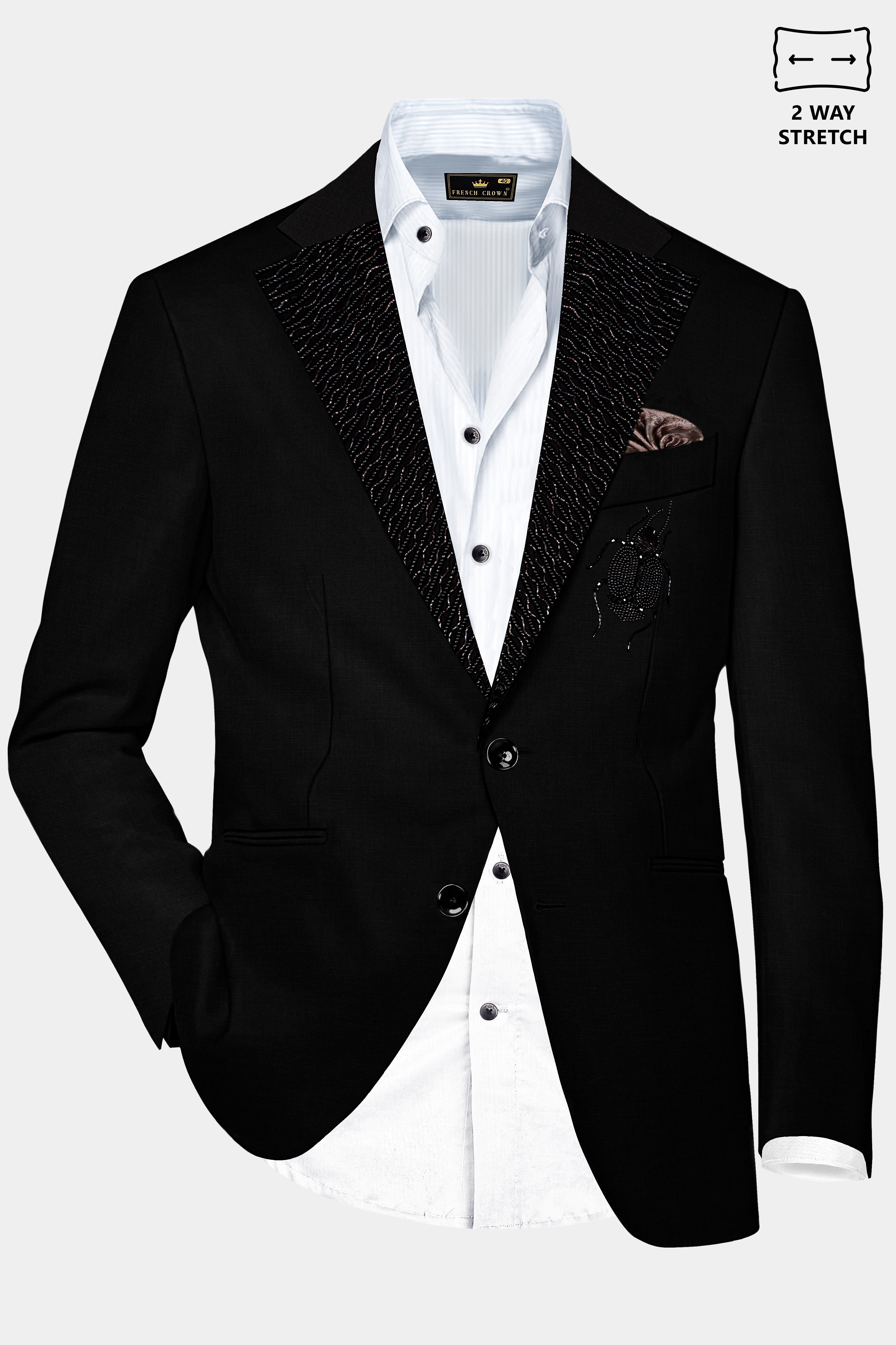 Jade Black Stretchable Subtle Sheen Ladybird Patterned Wool Rich Tuxedo Blazer