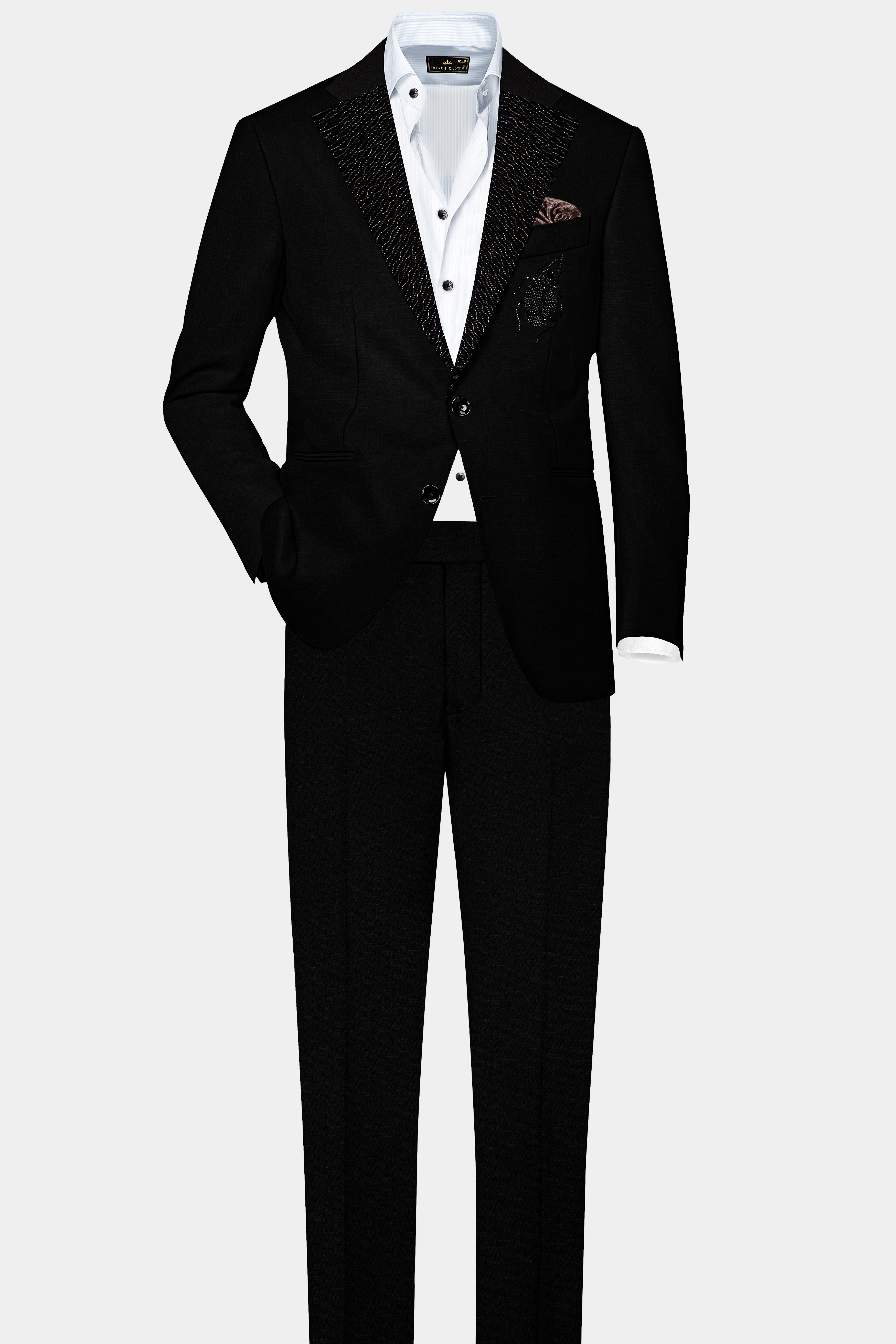 Jade Black Stretchable Subtle Sheen Ladybird Patterned Wool Rich Tuxedo Blazer