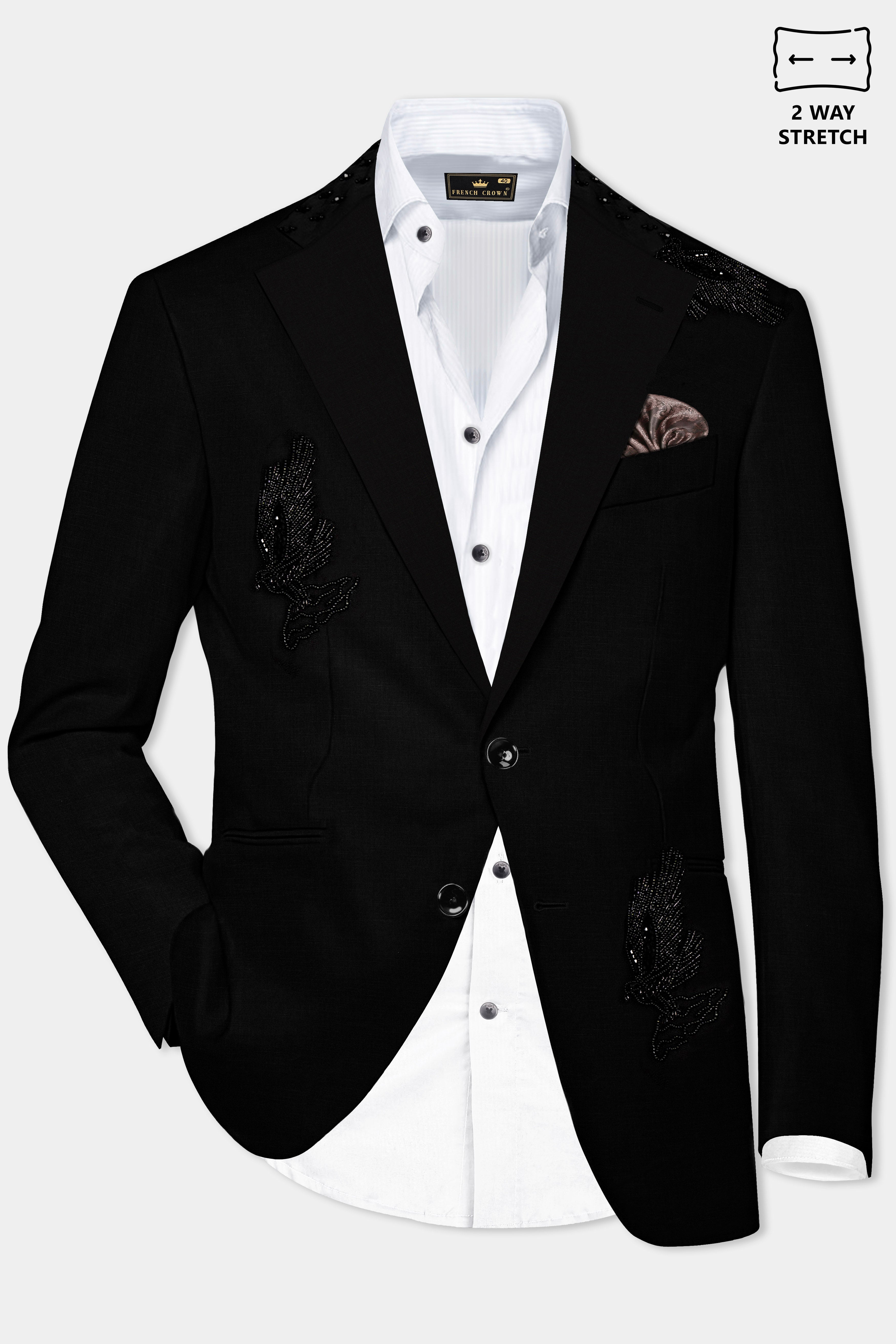 Jade Black Stretchable Subtle Sheen Pigeon Patterned Wool Rich Tuxedo Blazer