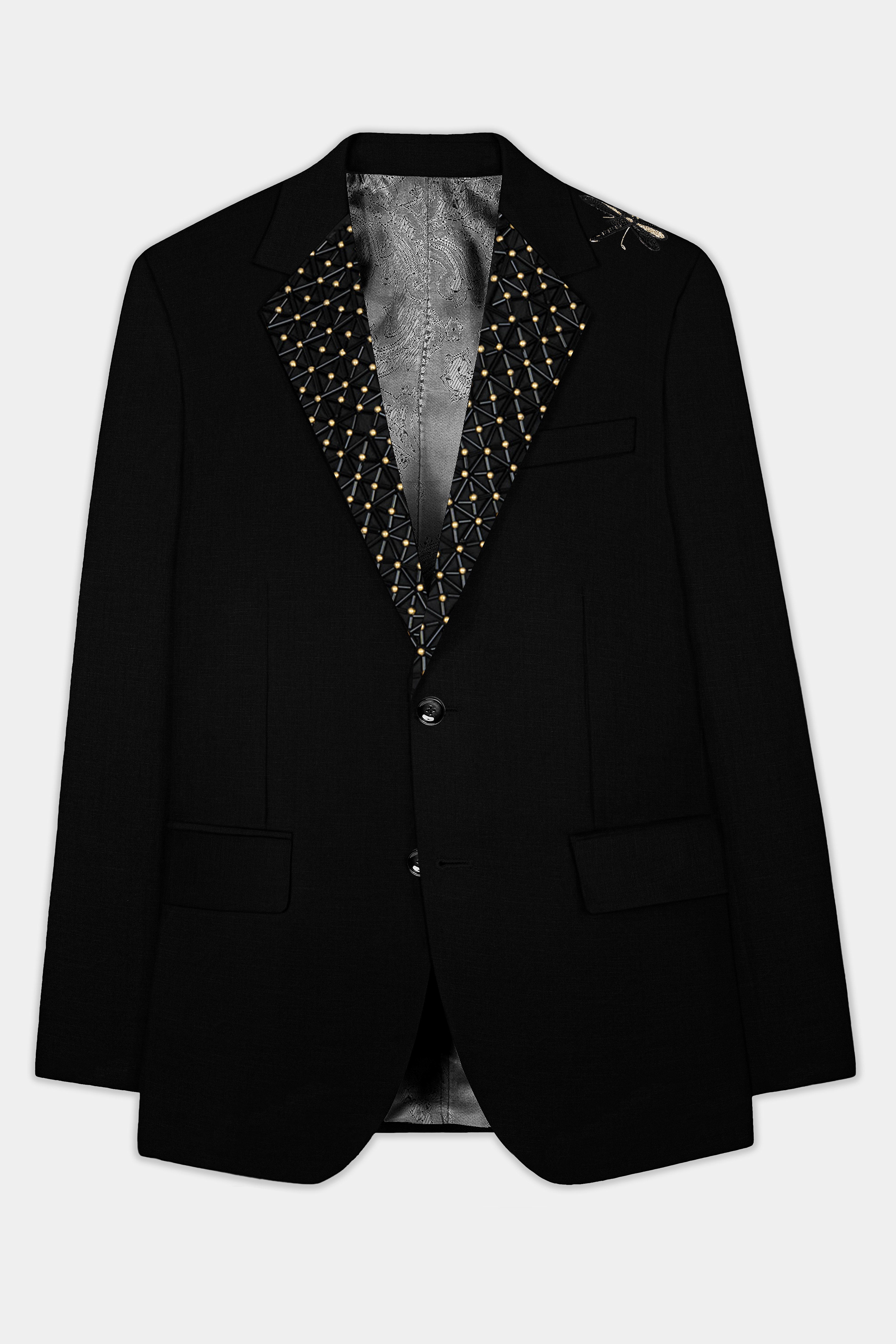 Jade Black Stretchable Subtle Sheen Moth Patterned Wool Rich Tuxedo Blazer