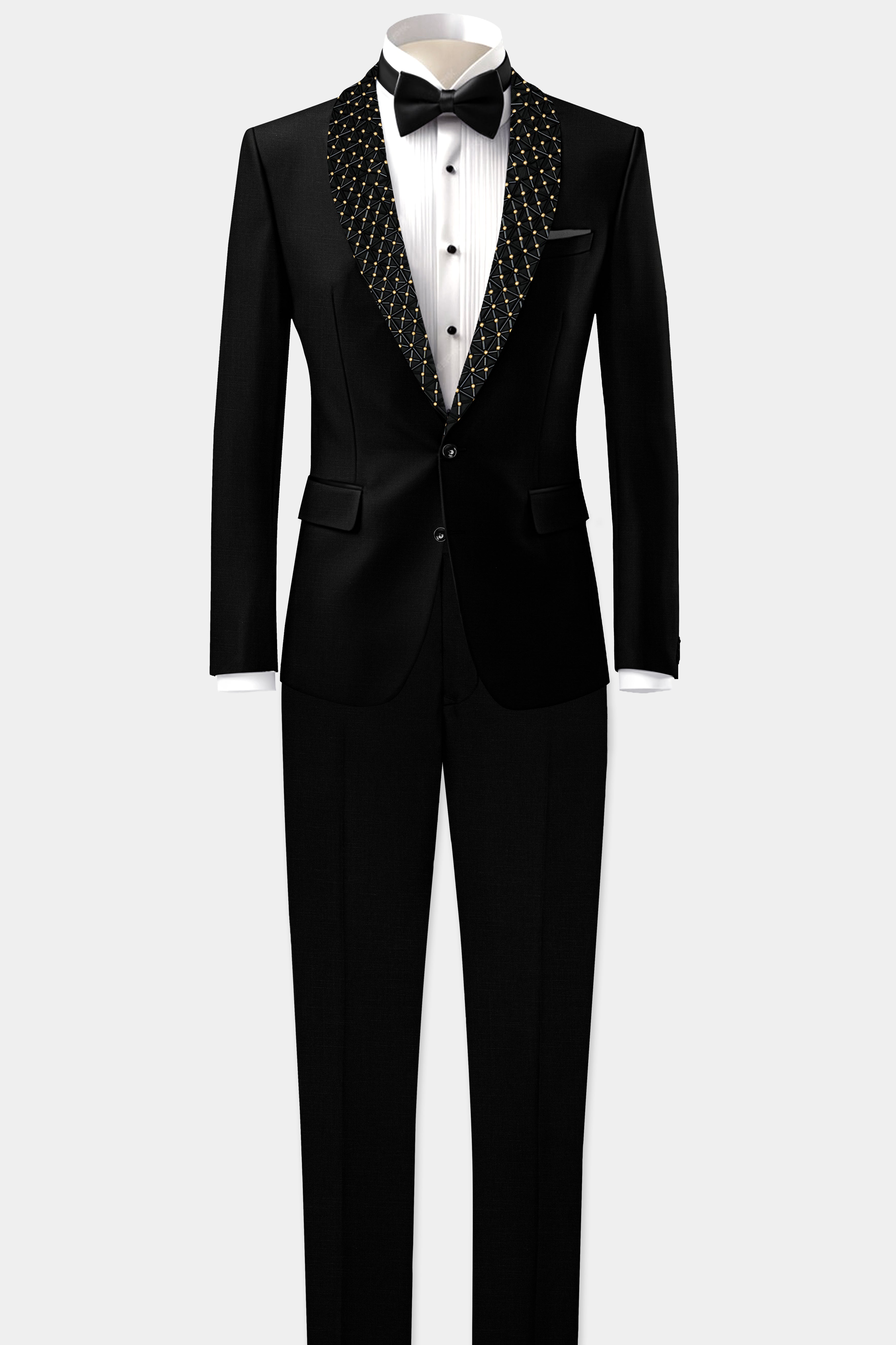 Jade Black Stretchable Subtle Sheen Moth Patterned Wool Rich Tuxedo Blazer