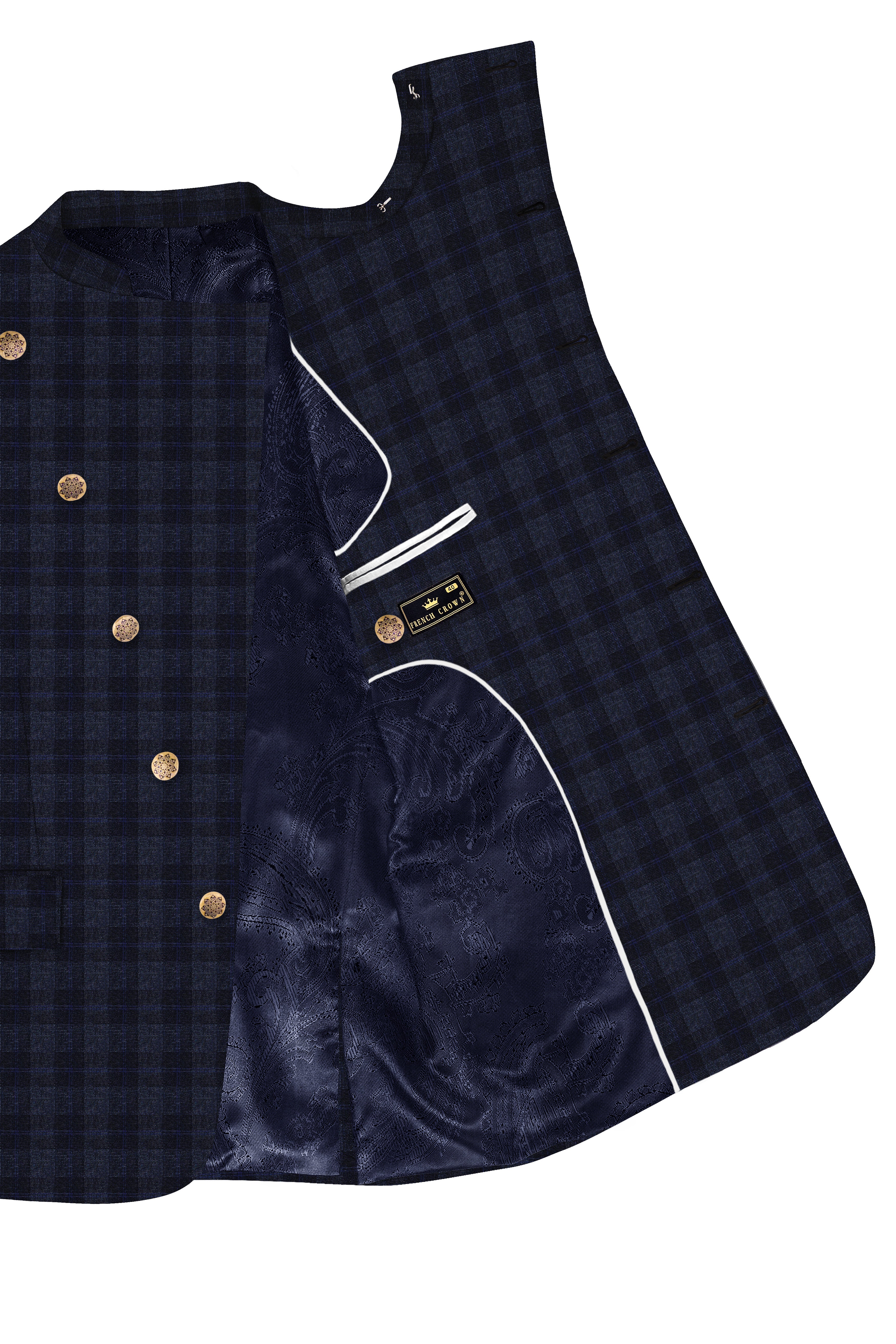 Bastille Grey Plaid Wool Rich Cross Placket Bandhgala Blazer