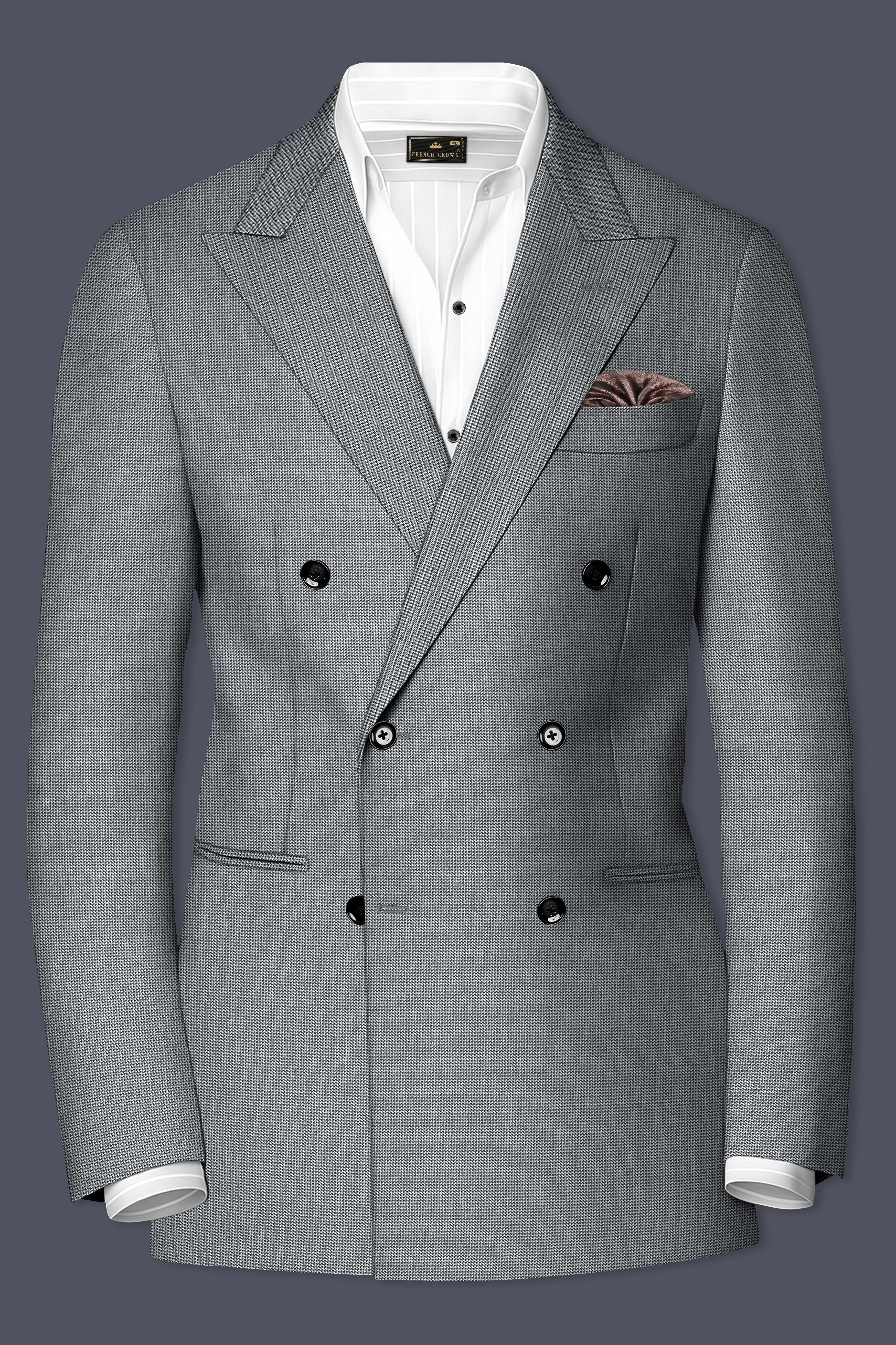 Mountain Mist Gray Houndstooth Wool Rich Double Breasted Blazer