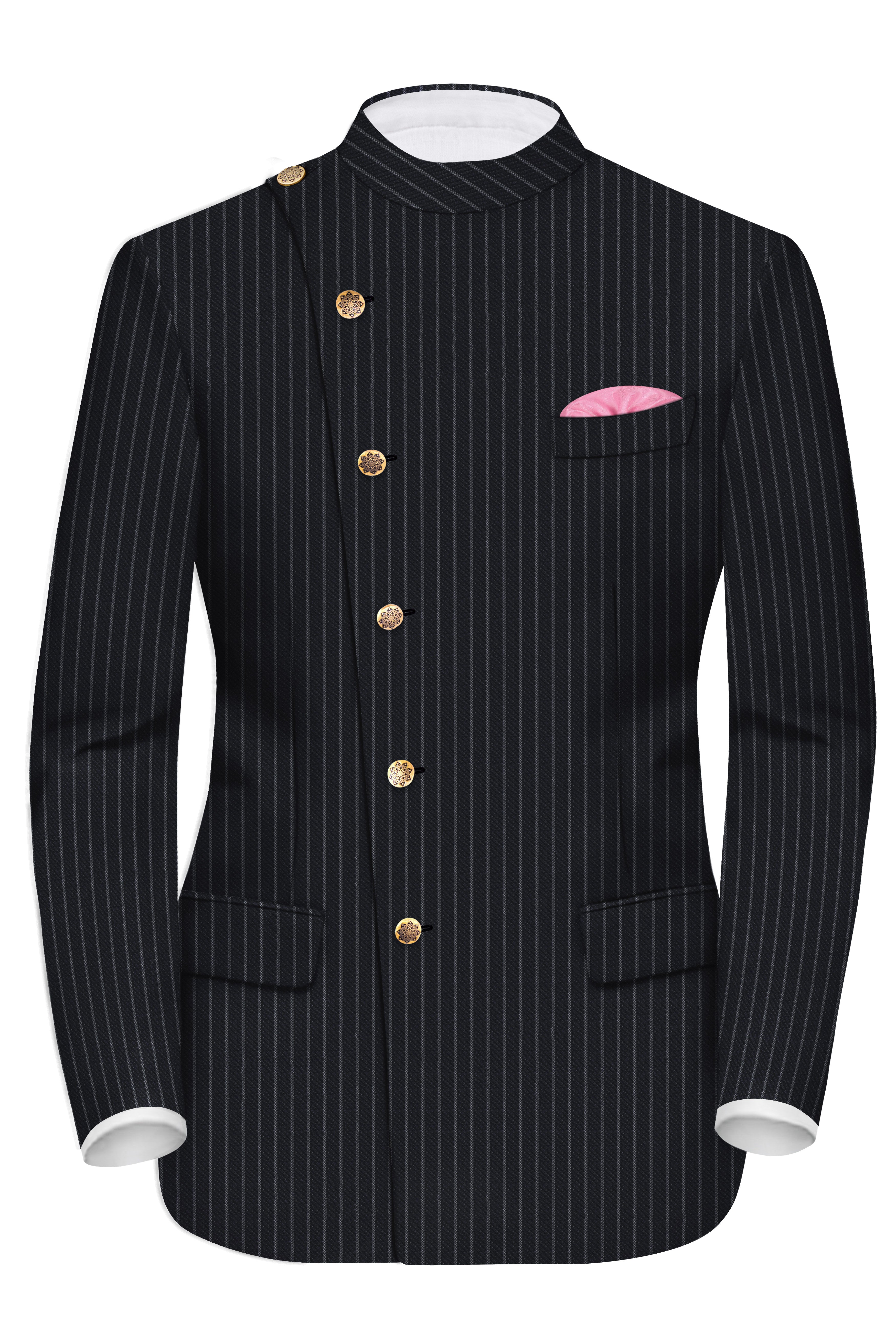 Piano Black Striped Cross Placket  Woolrich Bandhgala Blazer